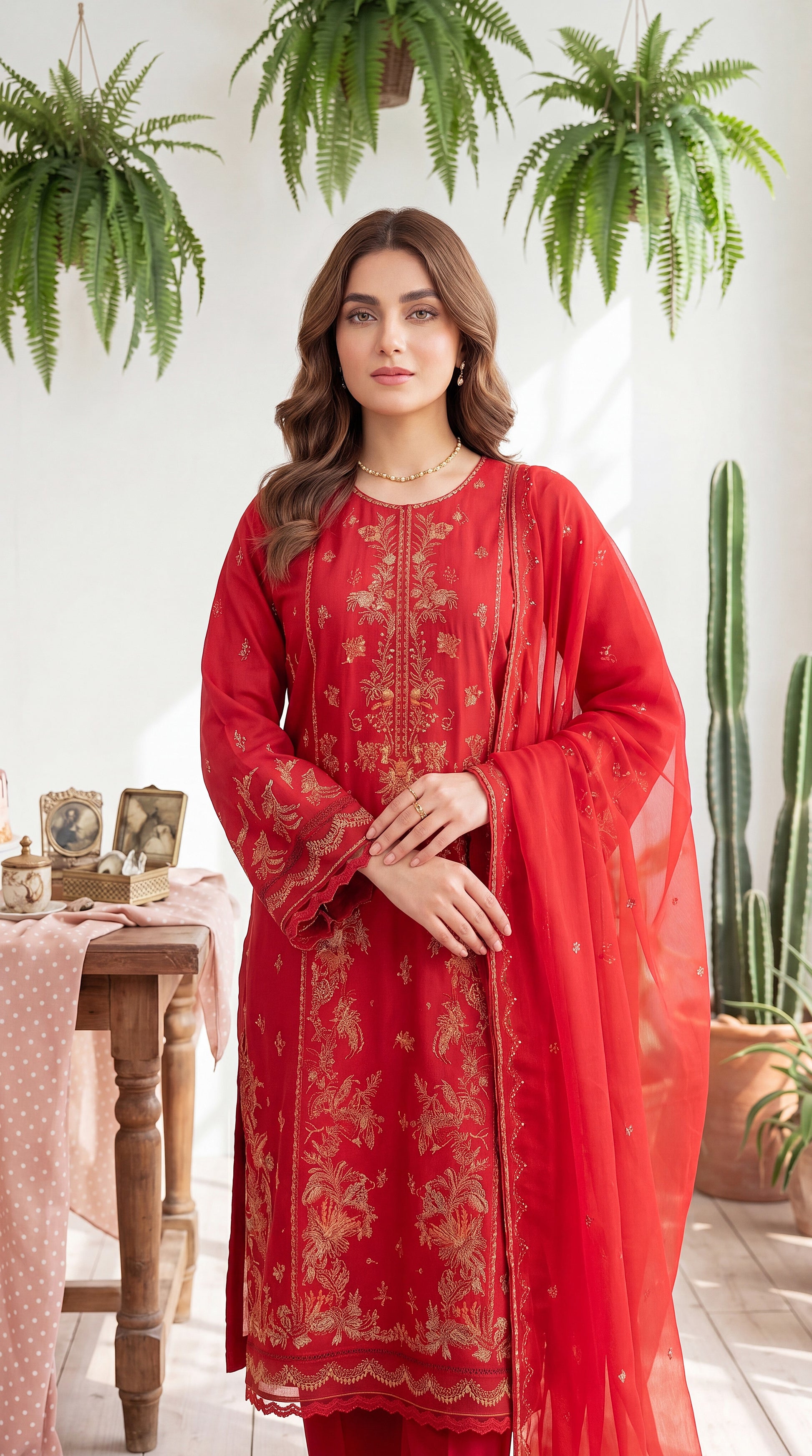 Women's Pret Wear PE01121 Crimson Luxury Embroidered 3-Piece ORANGE / SML