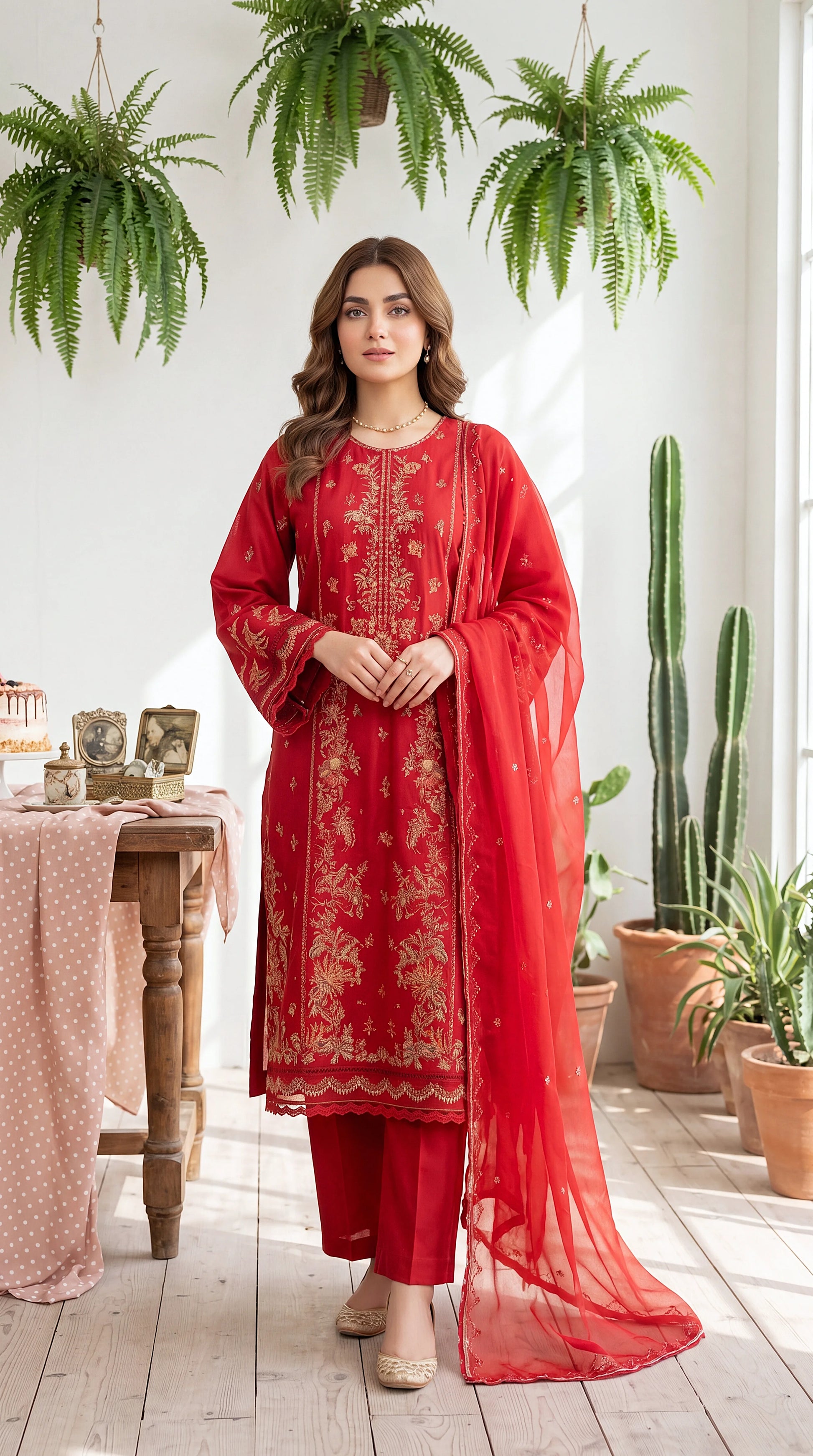 Women's Pret Wear PE01121 Crimson Luxury Embroidered 3-Piece ORANGE / SML