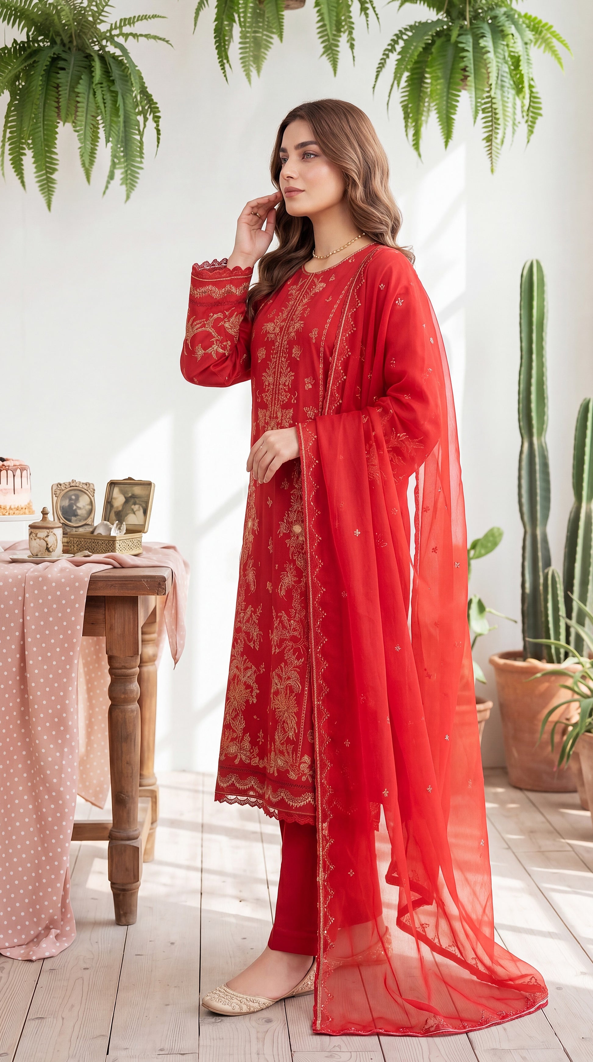 Women's Pret Wear PE01121 Crimson Luxury Embroidered 3-Piece ORANGE / SML