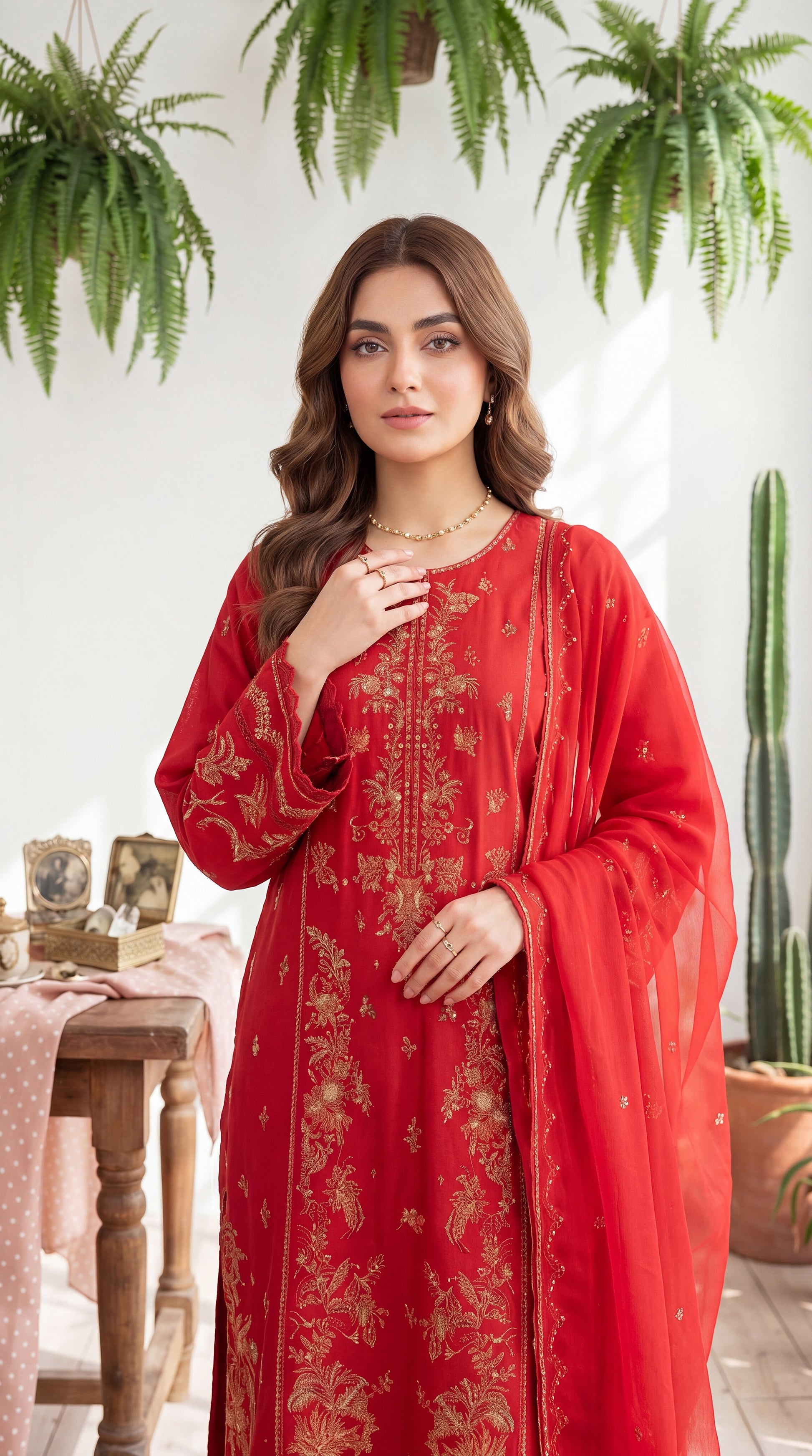 Women's Pret Wear PE01121 Crimson Luxury Embroidered 3-Piece ORANGE / SML