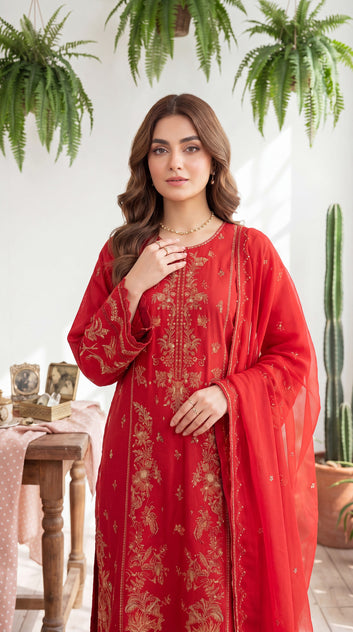 Women's Pret Wear PE01121 Crimson Luxury Embroidered 3-Piece ORANGE / SML