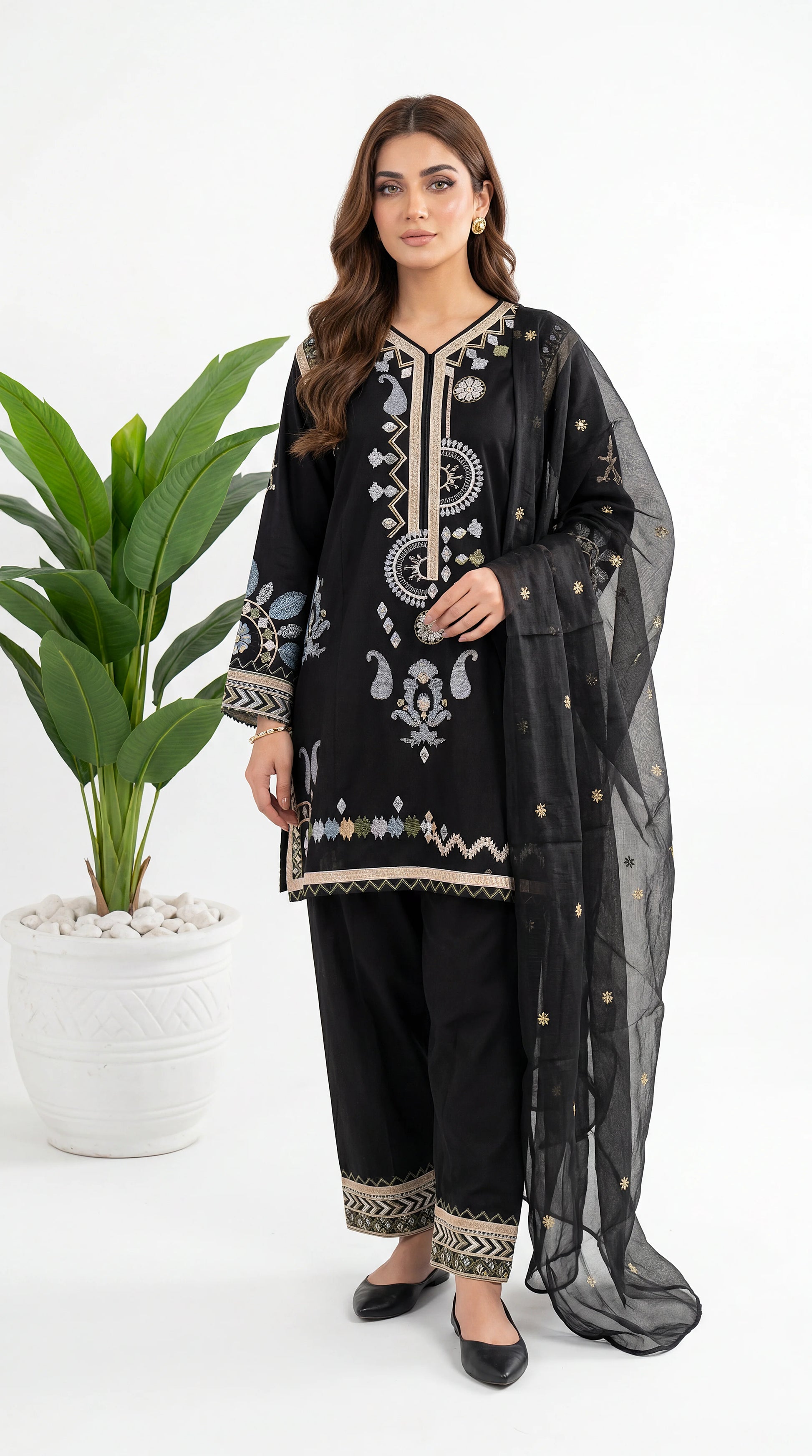 Women's Pret Wear PE01122 Black Contrast Embroidered 3-Piece BLACK / SML