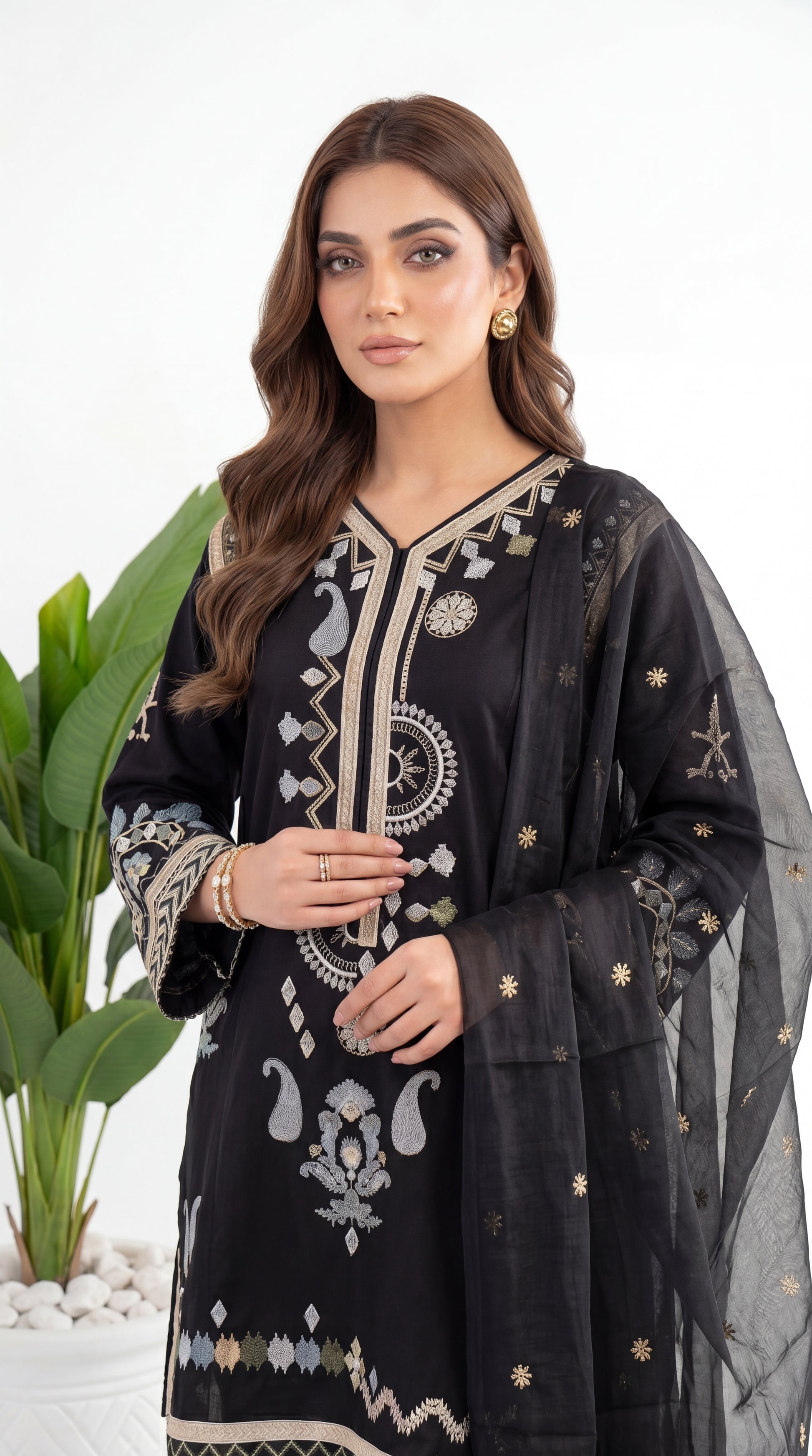 Women's Pret Wear PE01122 Black Contrast Embroidered 3-Piece BLACK / SML