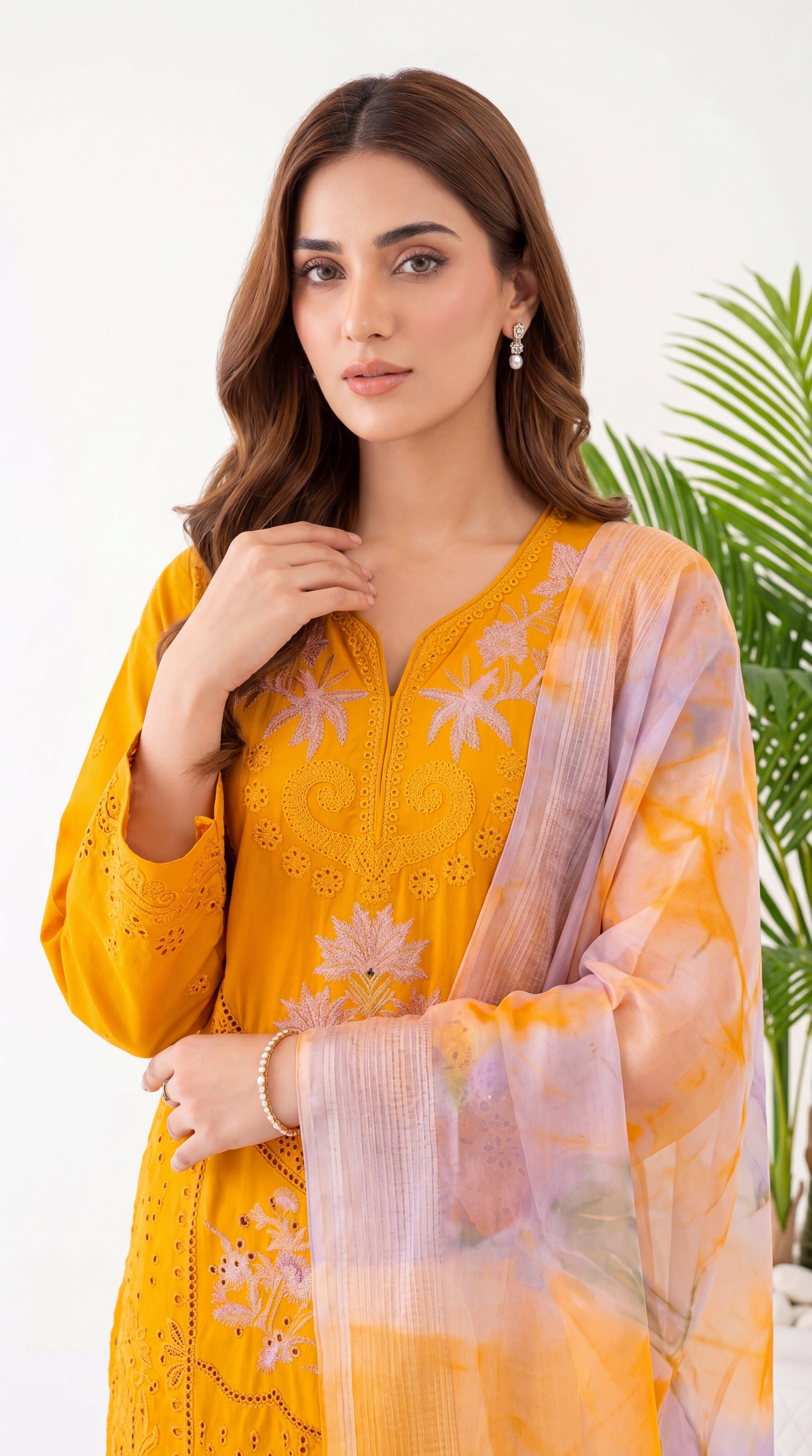 Women's Pret Wear PE01150 Mustard Cutwork Embroidered Floral Dupatta 3-Piece MASTERD / SML