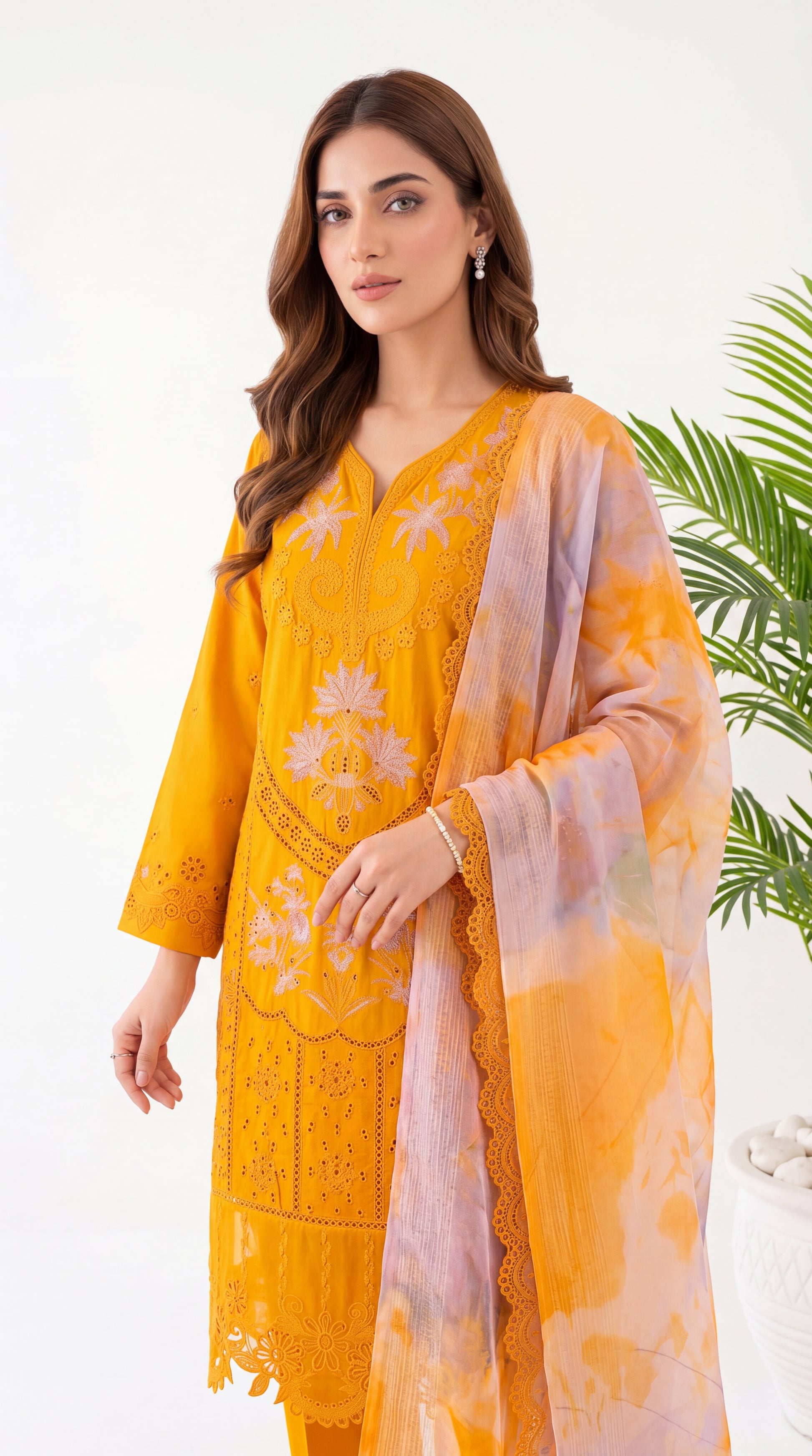 Women's Pret Wear PE01150 Mustard Cutwork Embroidered Floral Dupatta 3-Piece MASTERD / SML