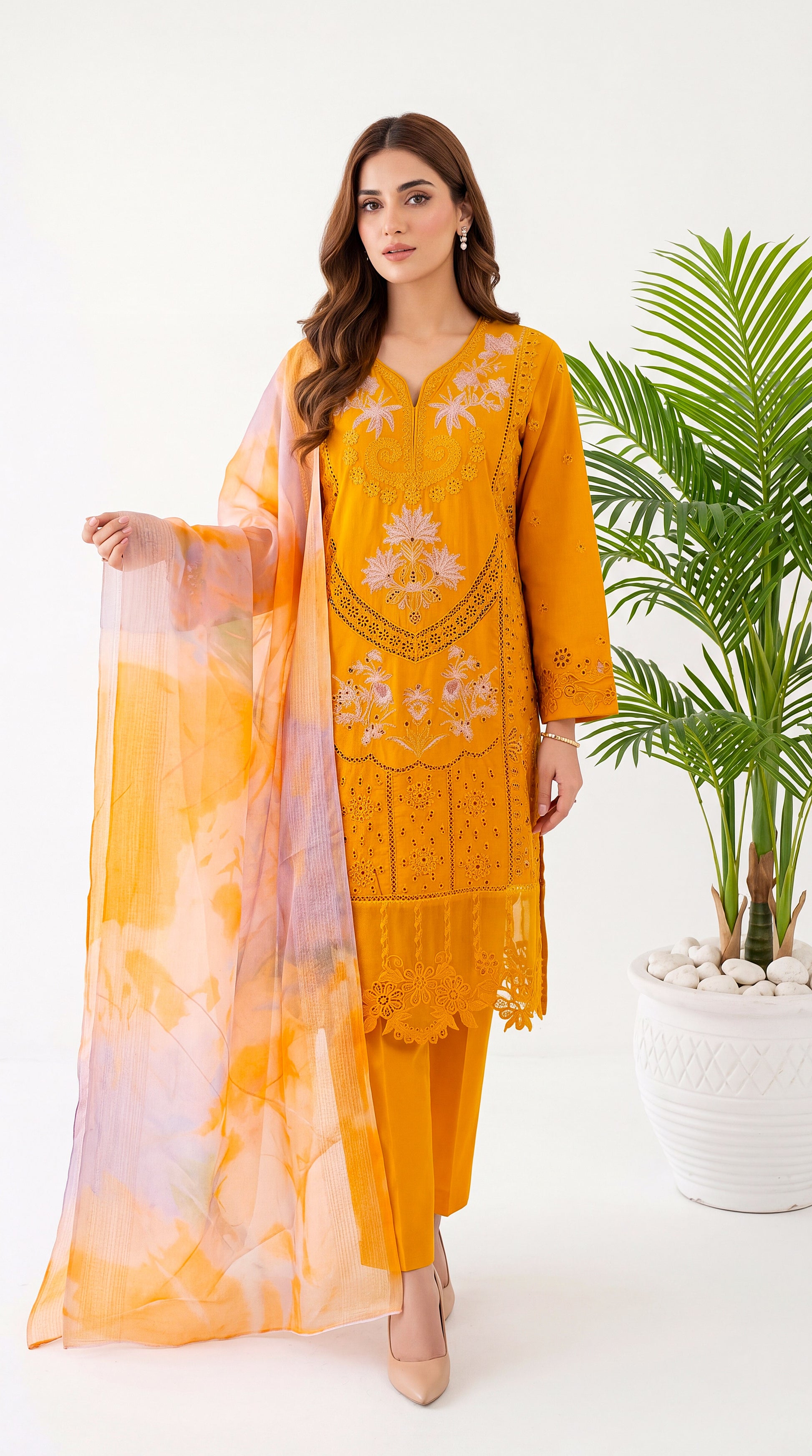 Women's Pret Wear PE01150 Mustard Cutwork Embroidered Floral Dupatta 3-Piece MASTERD / SML