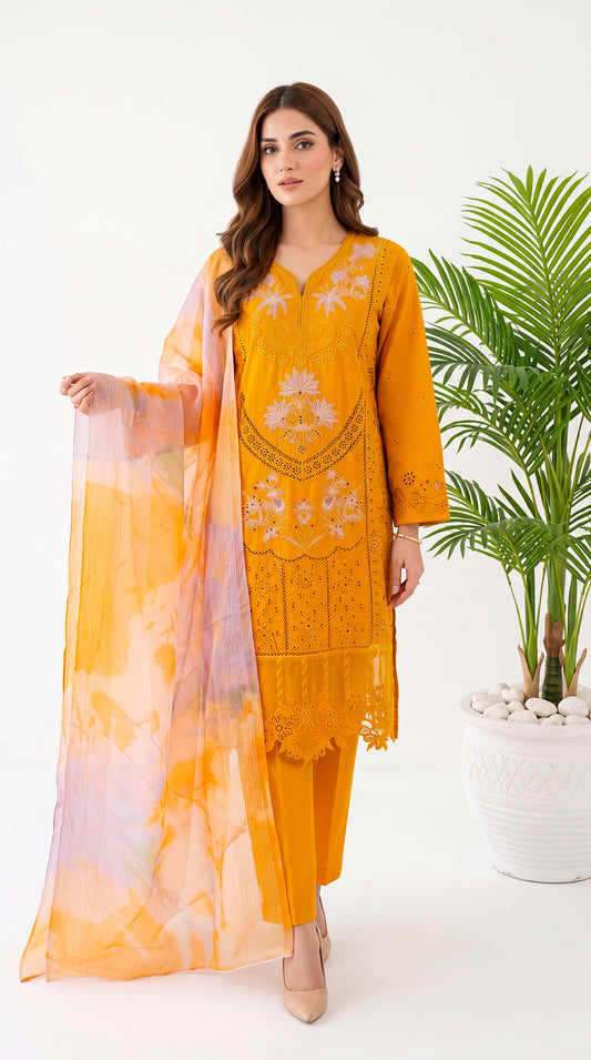 Women's Pret Wear PE01150 Mustard Cutwork Embroidered Floral Dupatta 3-Piece MASTERD / SML