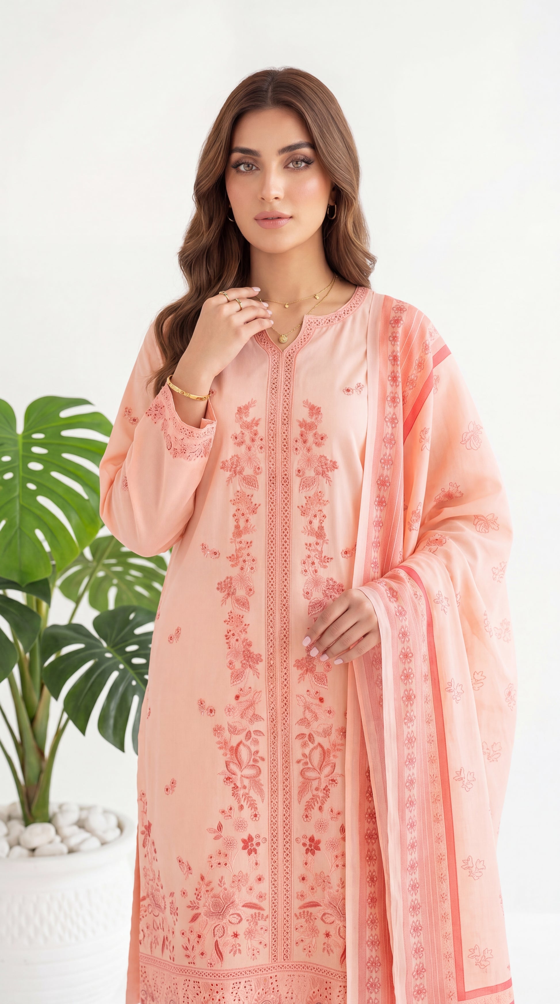 Women's Pret Wear PE01151 Baby Pink Schiffli Embroidered 3-Piece PINK / SML