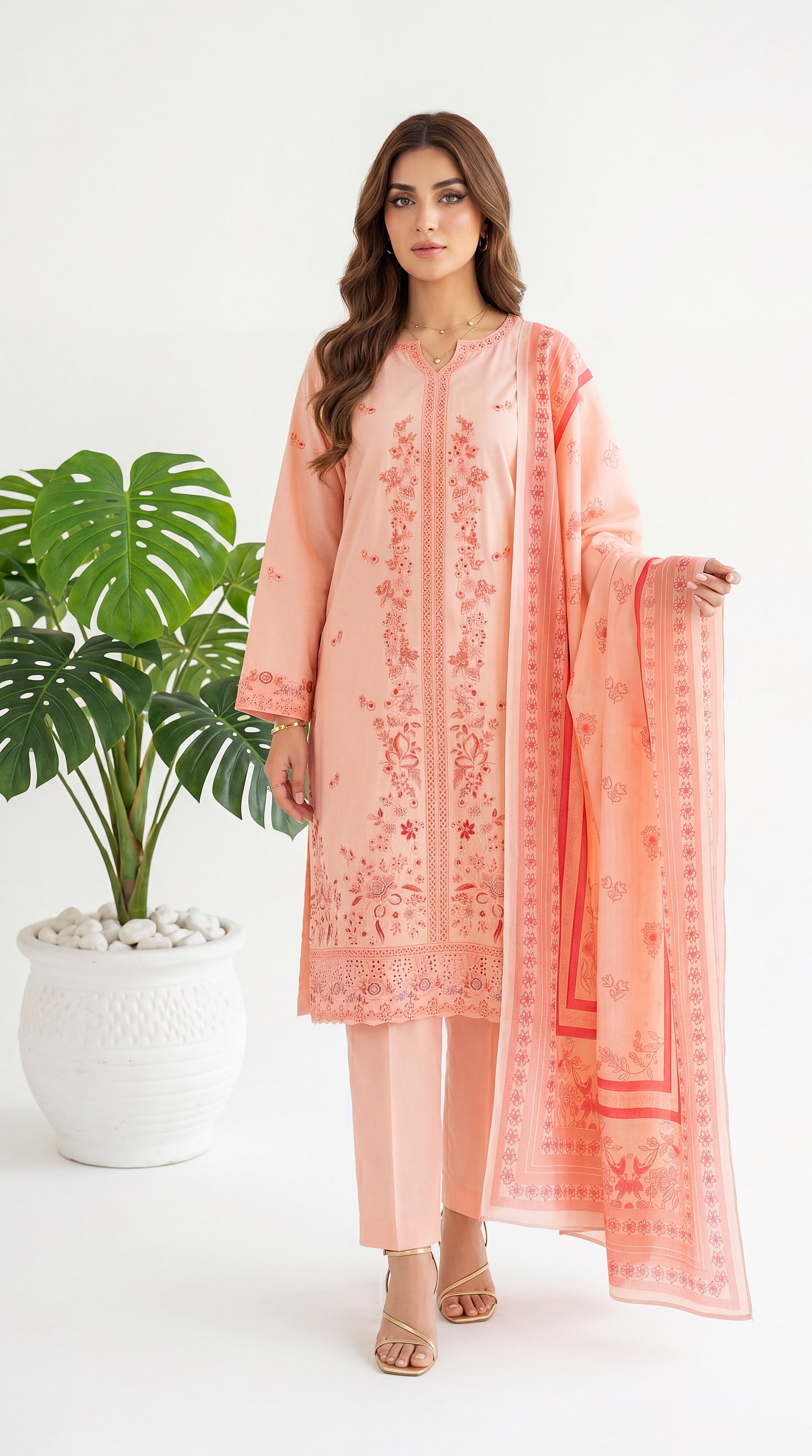 Women's Pret Wear PE01151 Baby Pink Schiffli Embroidered 3-Piece PINK / SML