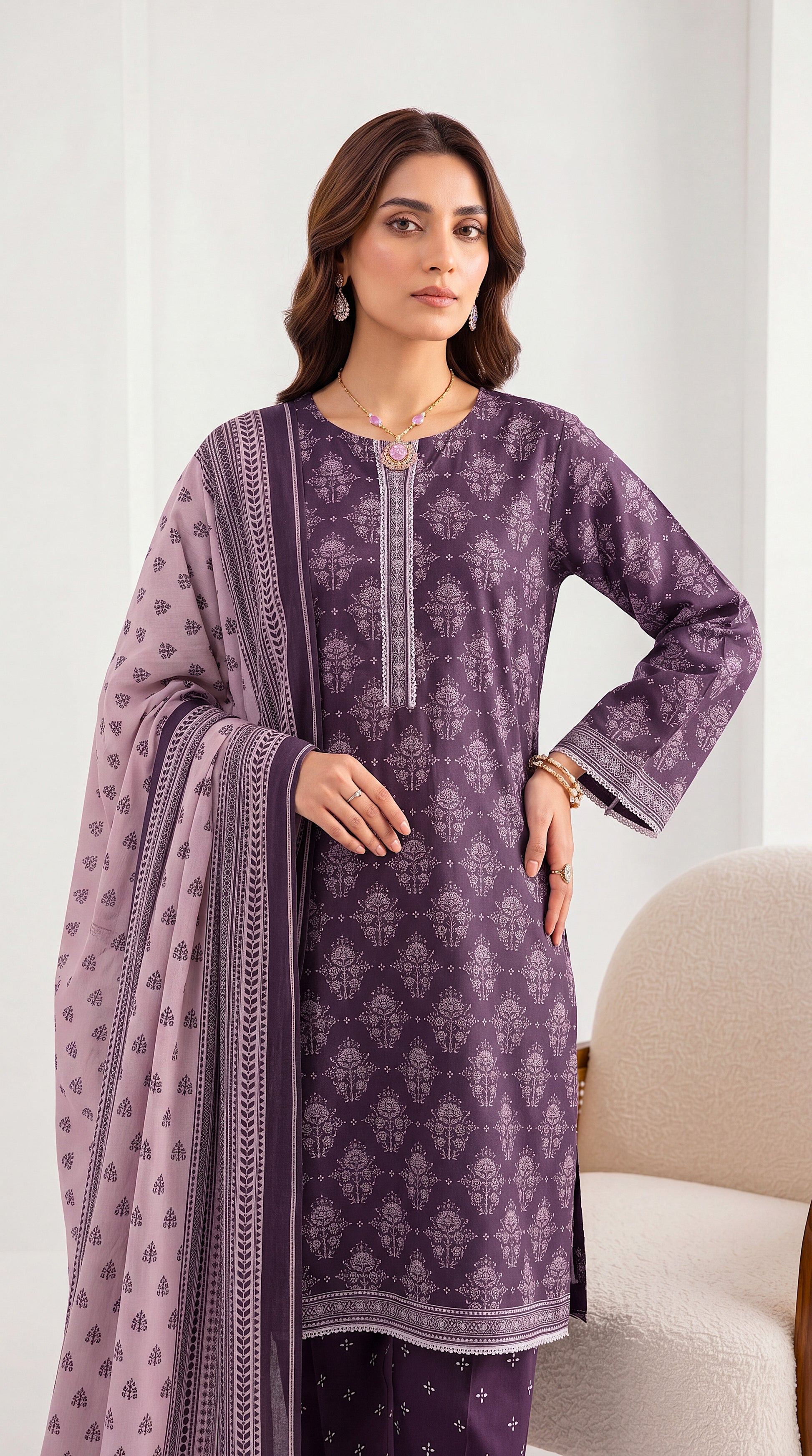 Ladies Suit PE01182 Floral Print & Printed Dupatta 3 Piece PURPLE / SML