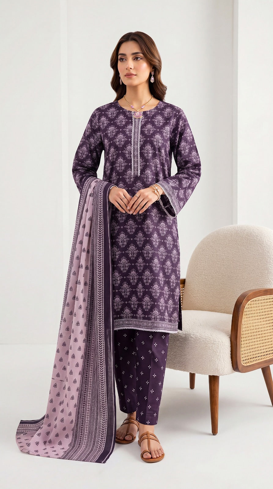 Ladies Suit PE01182 Floral Print & Printed Dupatta 3 Piece PURPLE / SML