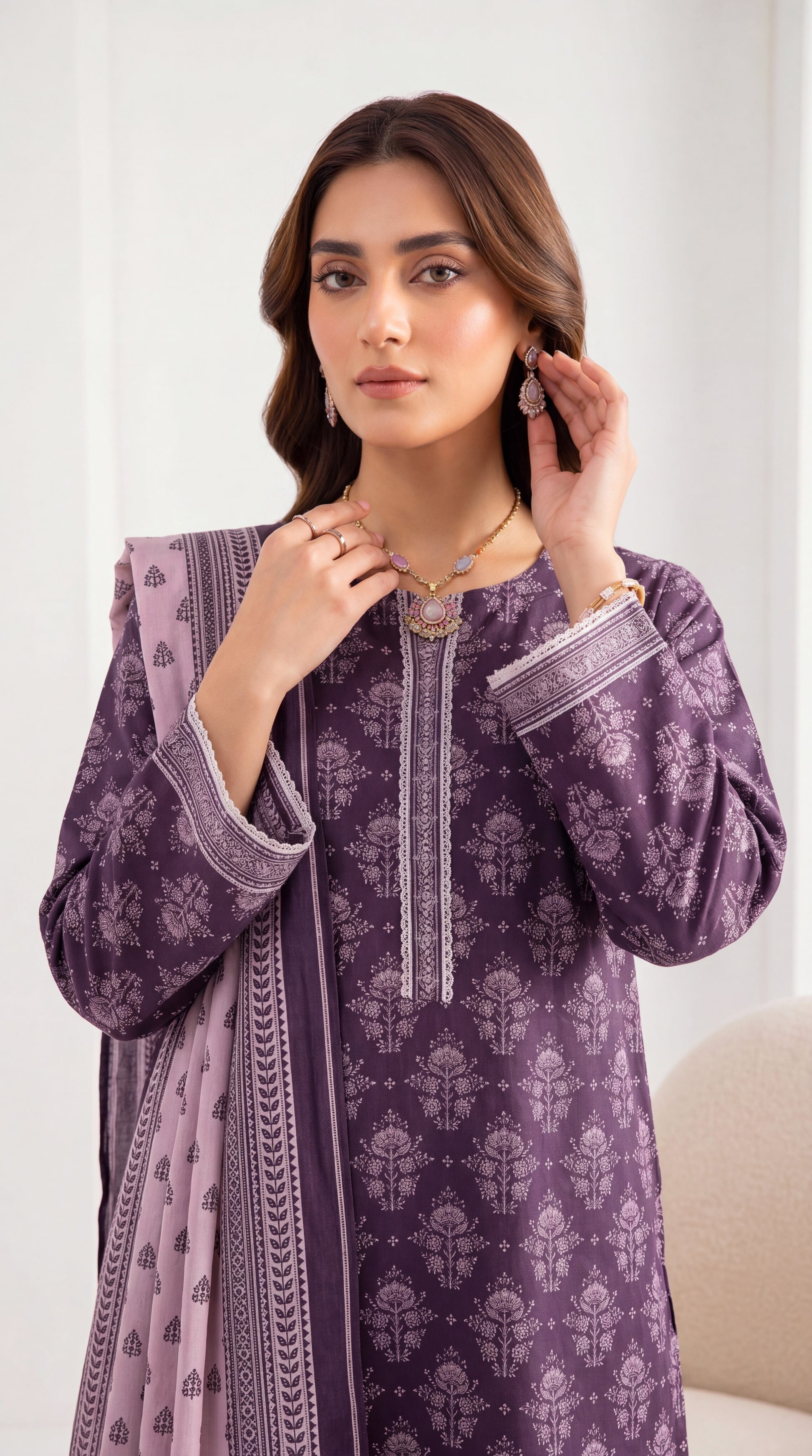 Ladies Suit PE01182 Floral Print & Printed Dupatta 3 Piece PURPLE / SML