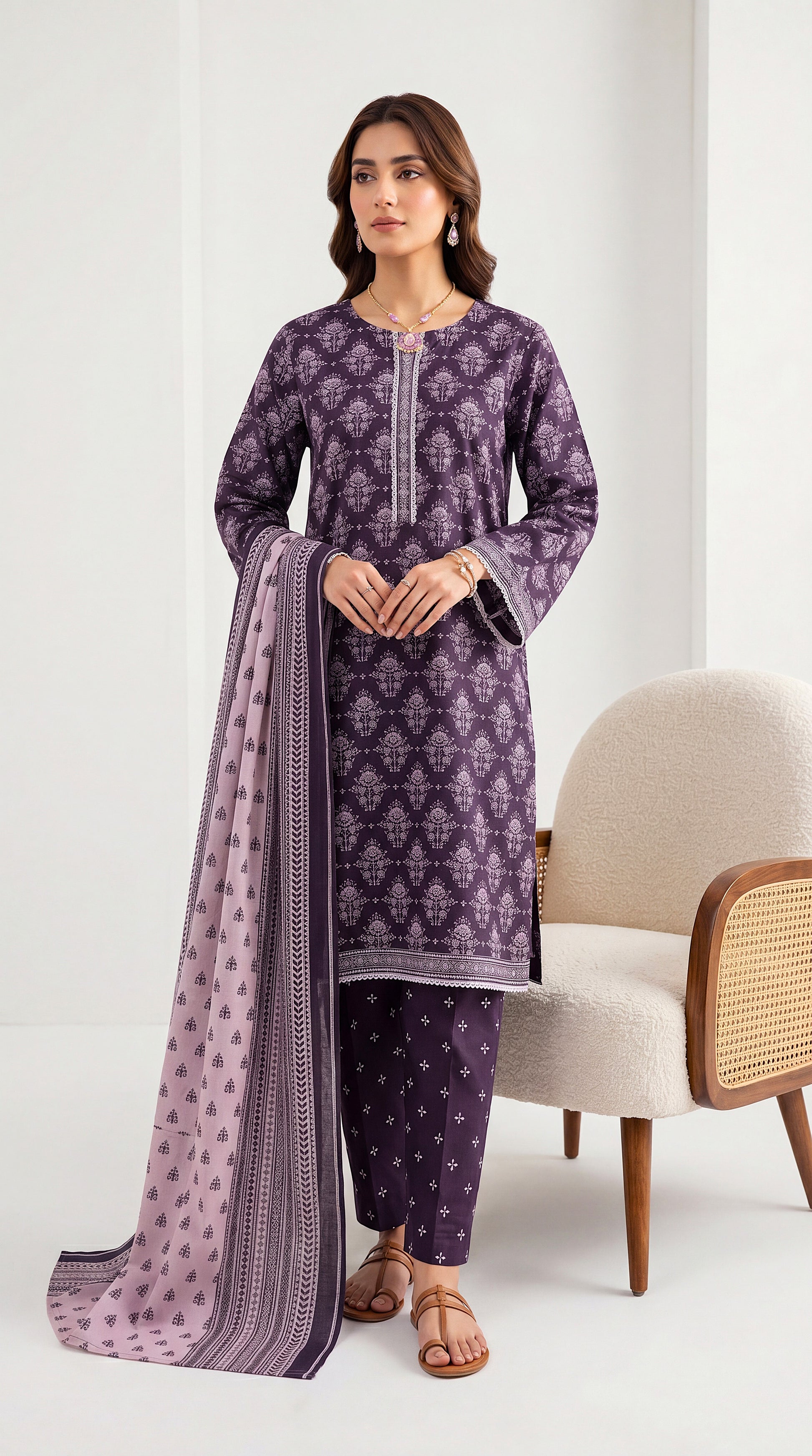 Ladies Suit PE01182 Floral Print & Printed Dupatta 3 Piece PURPLE / SML