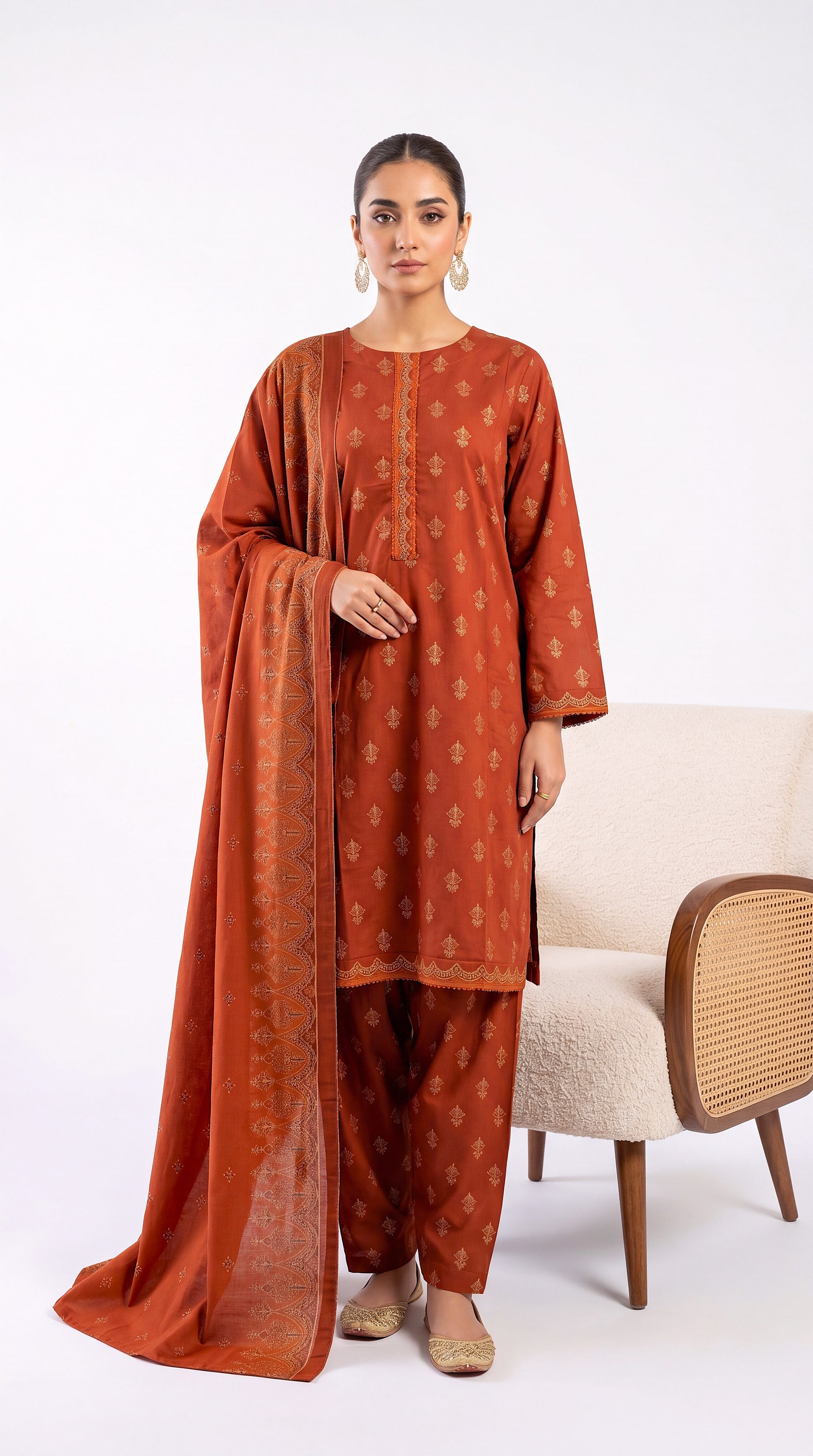 Ladies Suit PE01183 Ethnic Motif Print & Printed Dupatta 3 Piece MEHROON / SML