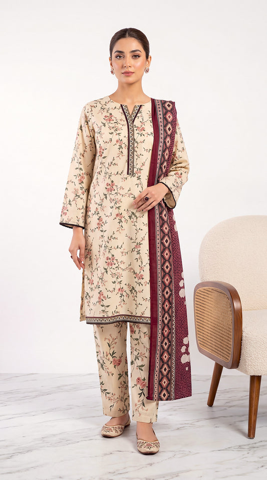 Ladies  Suit PE01184 Floral Vine Print & Printed Dupatta 3 Piece SKIN / SML