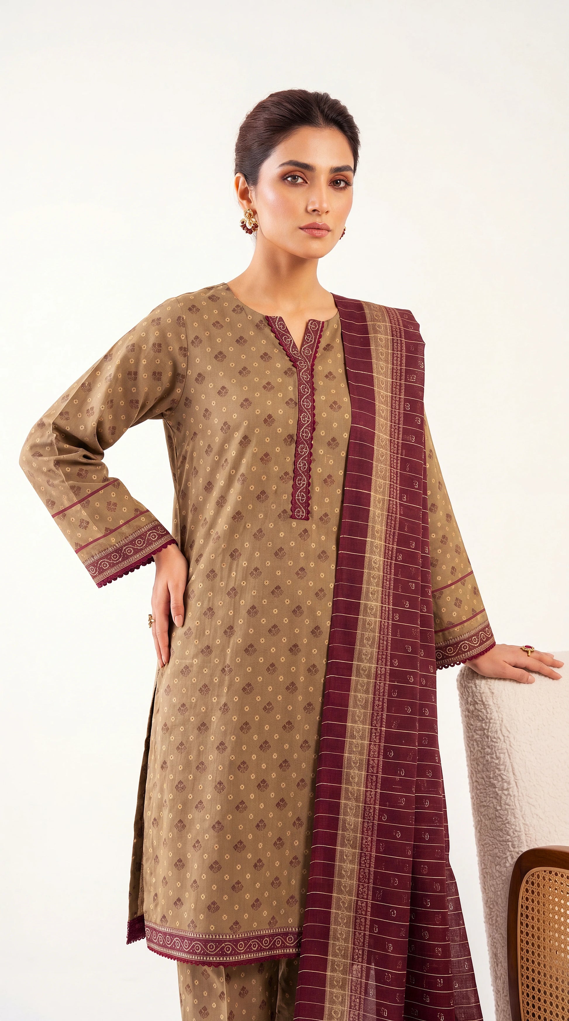 Geometric Motif Print & Printed Dupatta PE01185 - 3 Piece Mehandi / SML