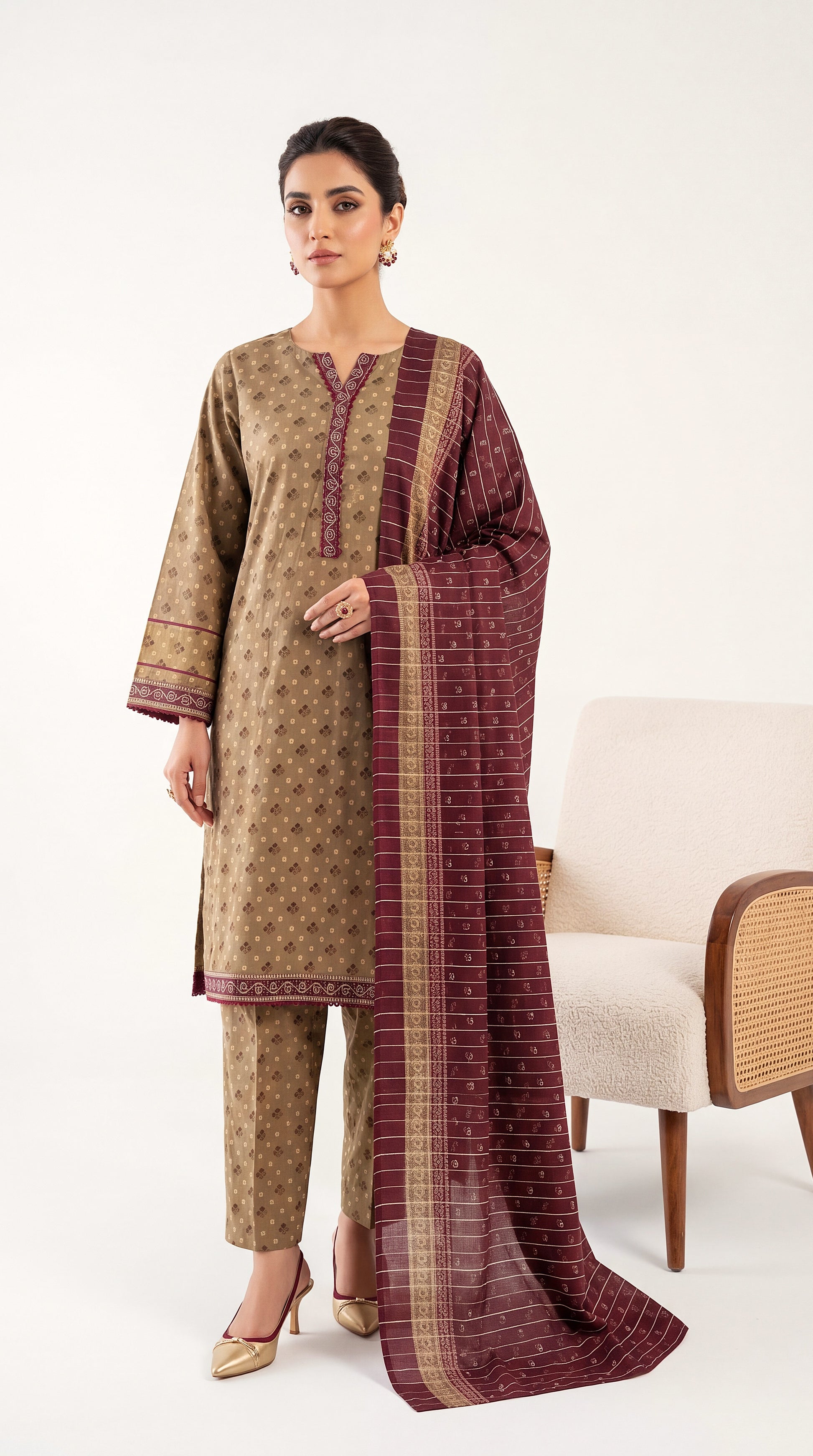 Geometric Motif Print & Printed Dupatta PE01185 - 3 Piece Mehandi / SML