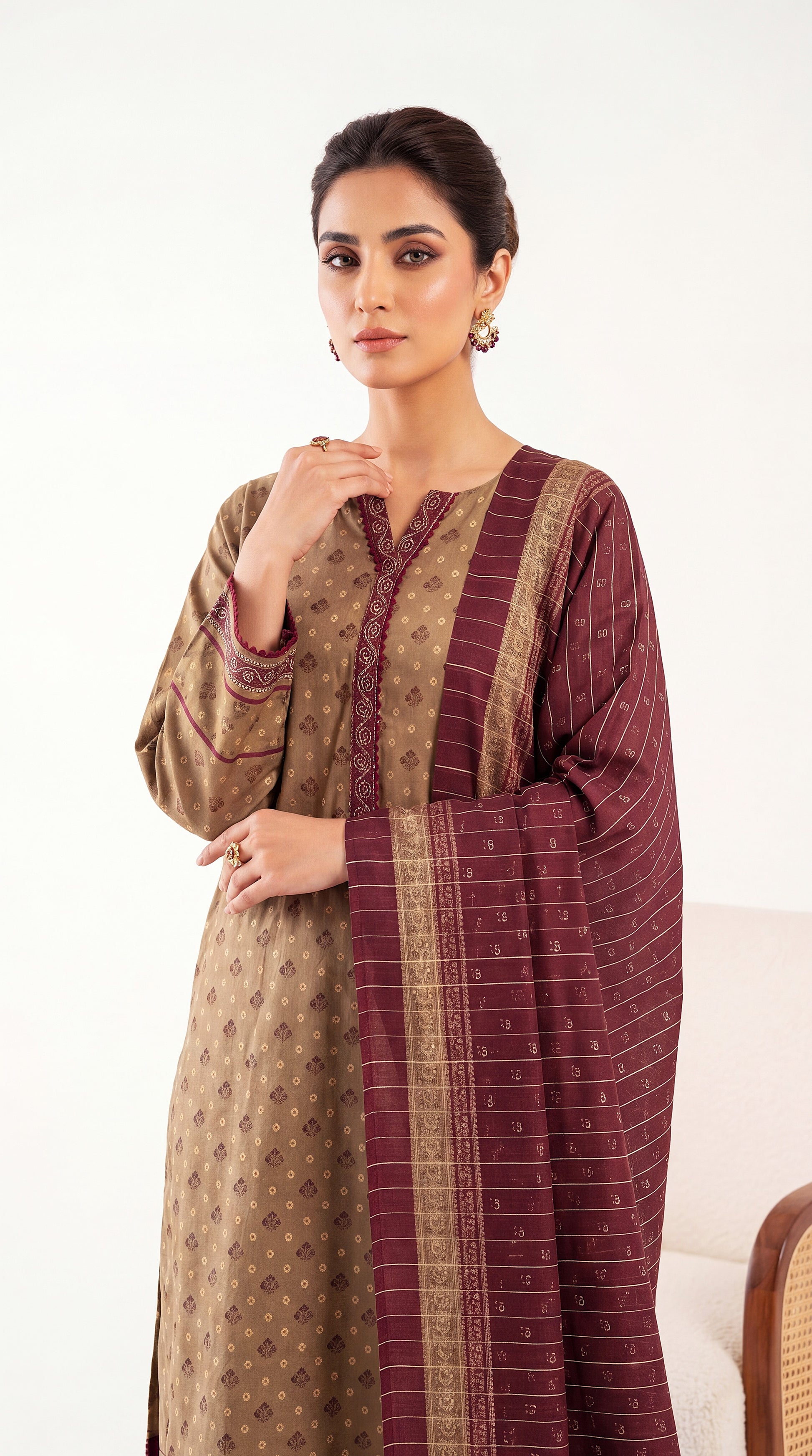Geometric Motif Print & Printed Dupatta PE01185 - 3 Piece Mehandi / SML