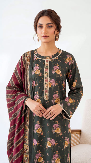 Ladies Printed Lawn Suit PE01186 Floral Rose Print 3 Piece GREEN / SML