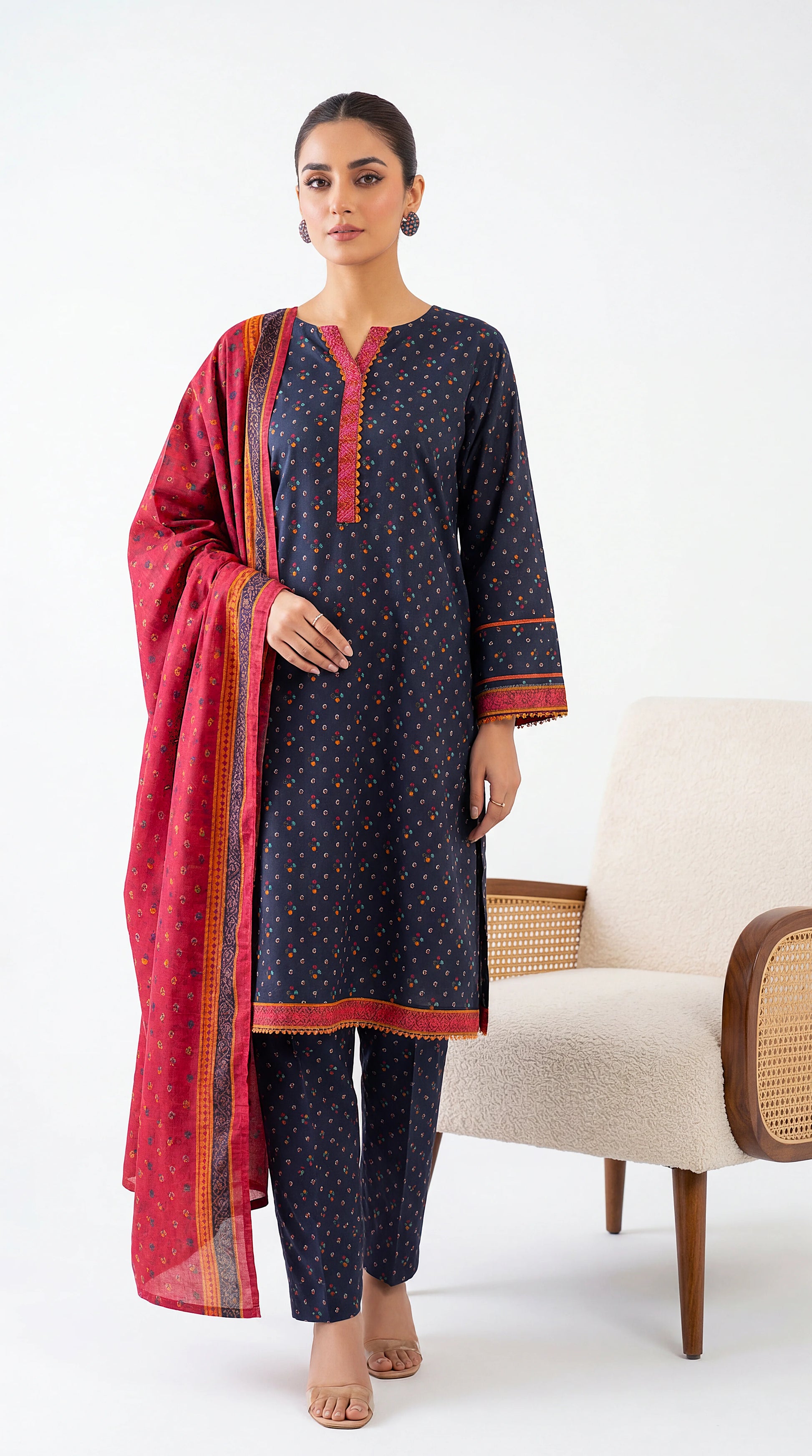 Ladies Printed Lawn Suit PE01187 Multicolor Buti Print 3 Piece BLUE / SML