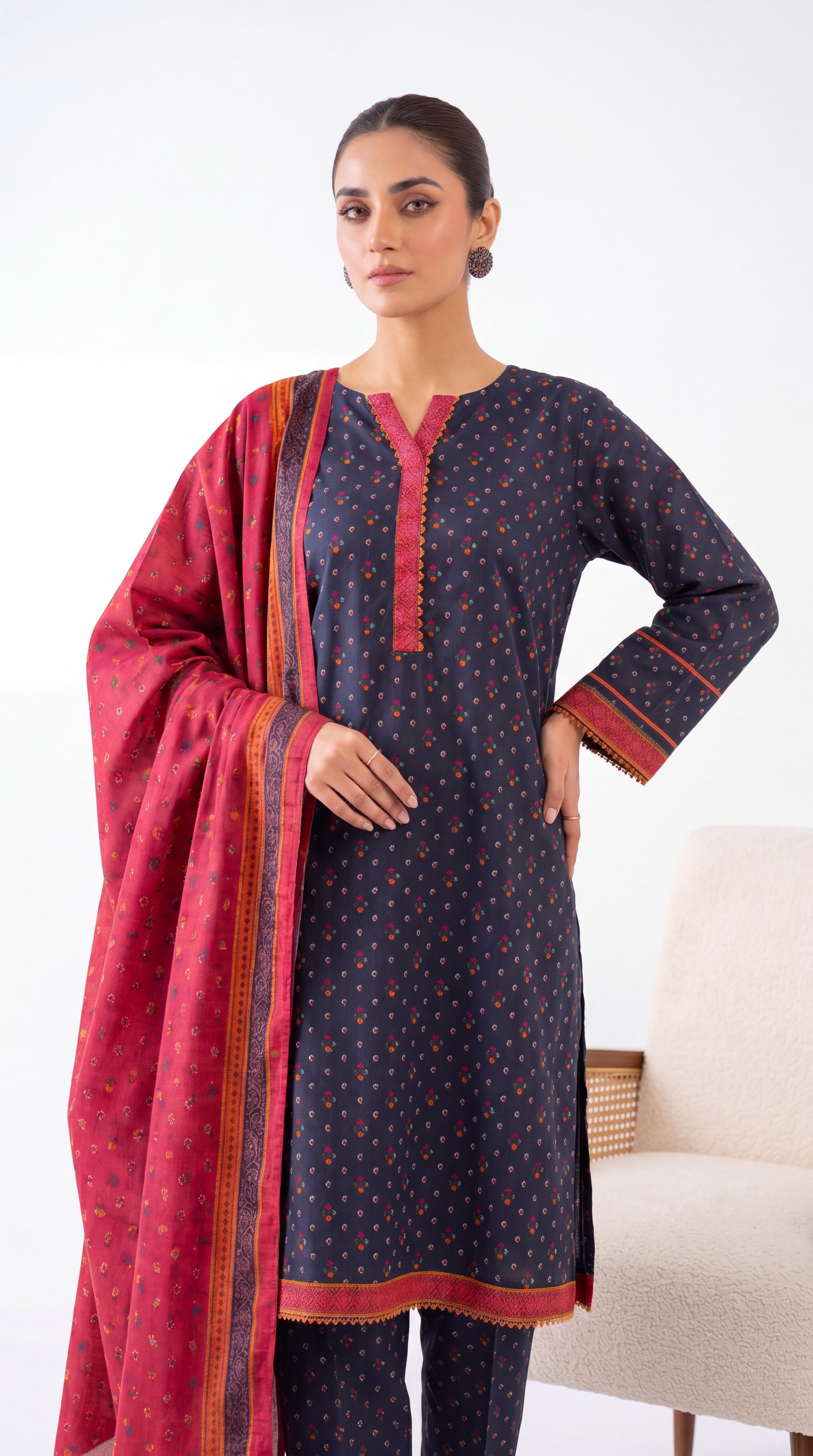 Ladies Printed Lawn Suit PE01187 Multicolor Buti Print 3 Piece BLUE / SML