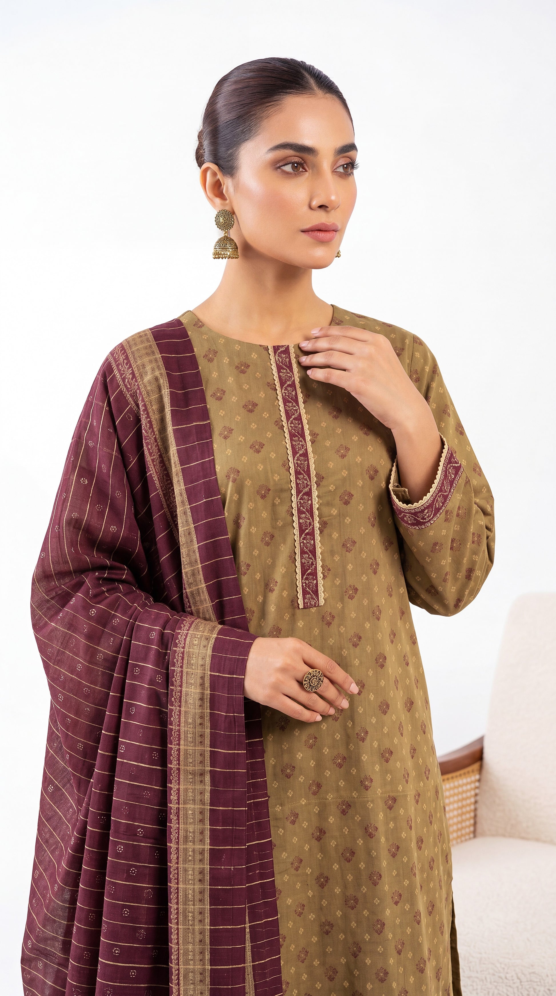 Ladies Printed Lawn Suit PE01188 Traditional Motif Print 3 Piece Mehandi / SML