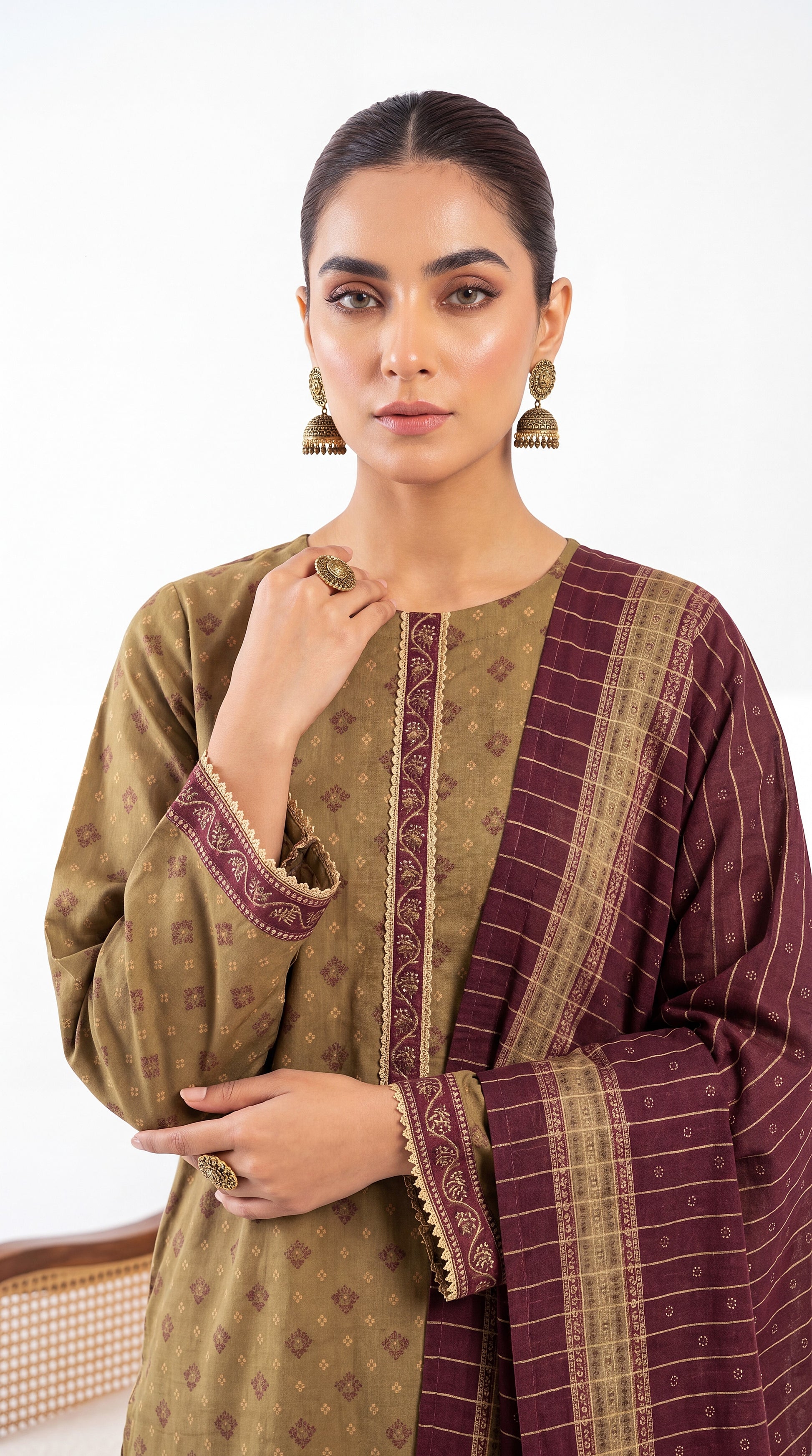 Ladies Printed Lawn Suit PE01188 Traditional Motif Print 3 Piece Mehandi / SML