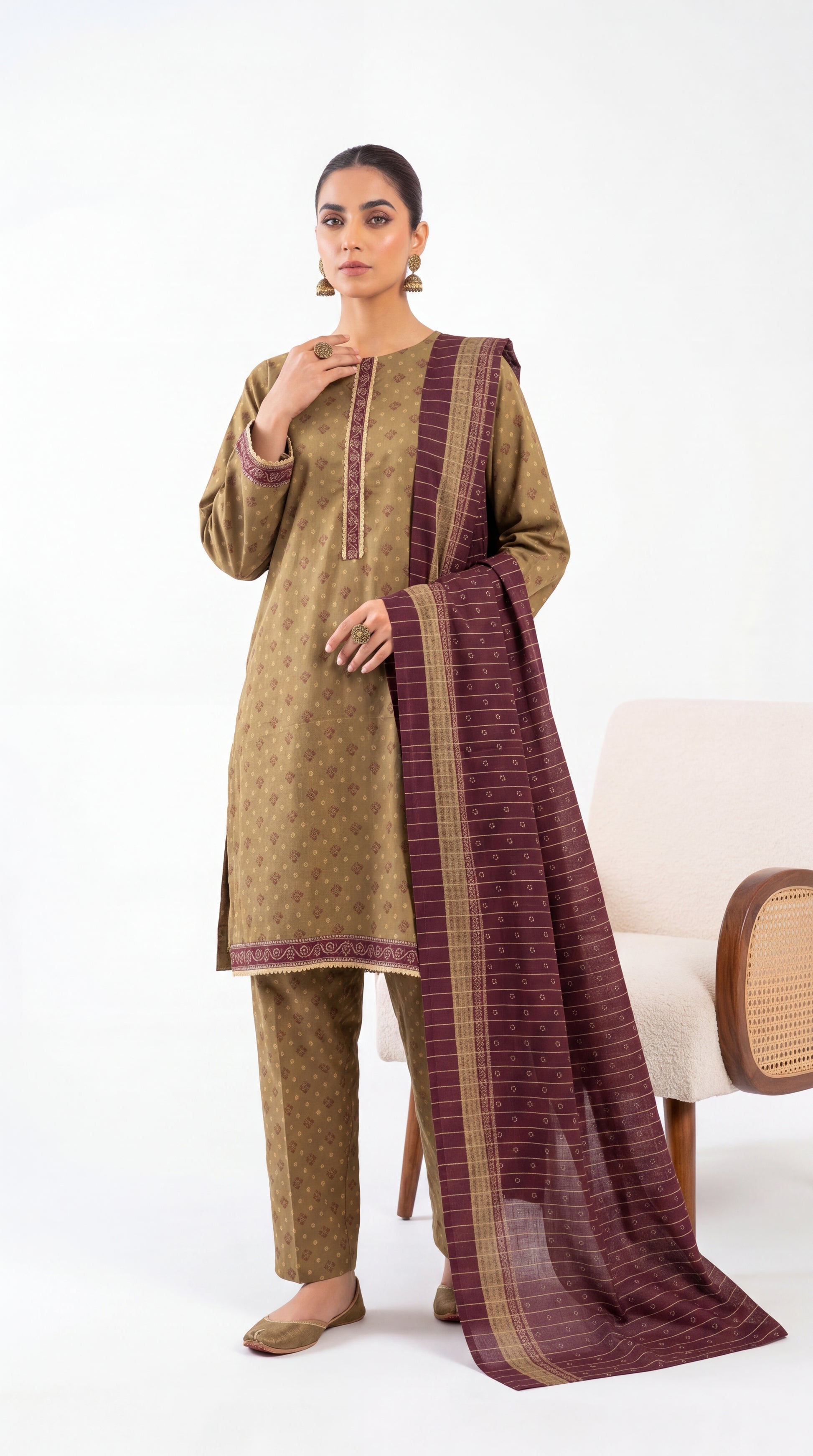 Ladies Printed Lawn Suit PE01188 Traditional Motif Print 3 Piece Mehandi / SML