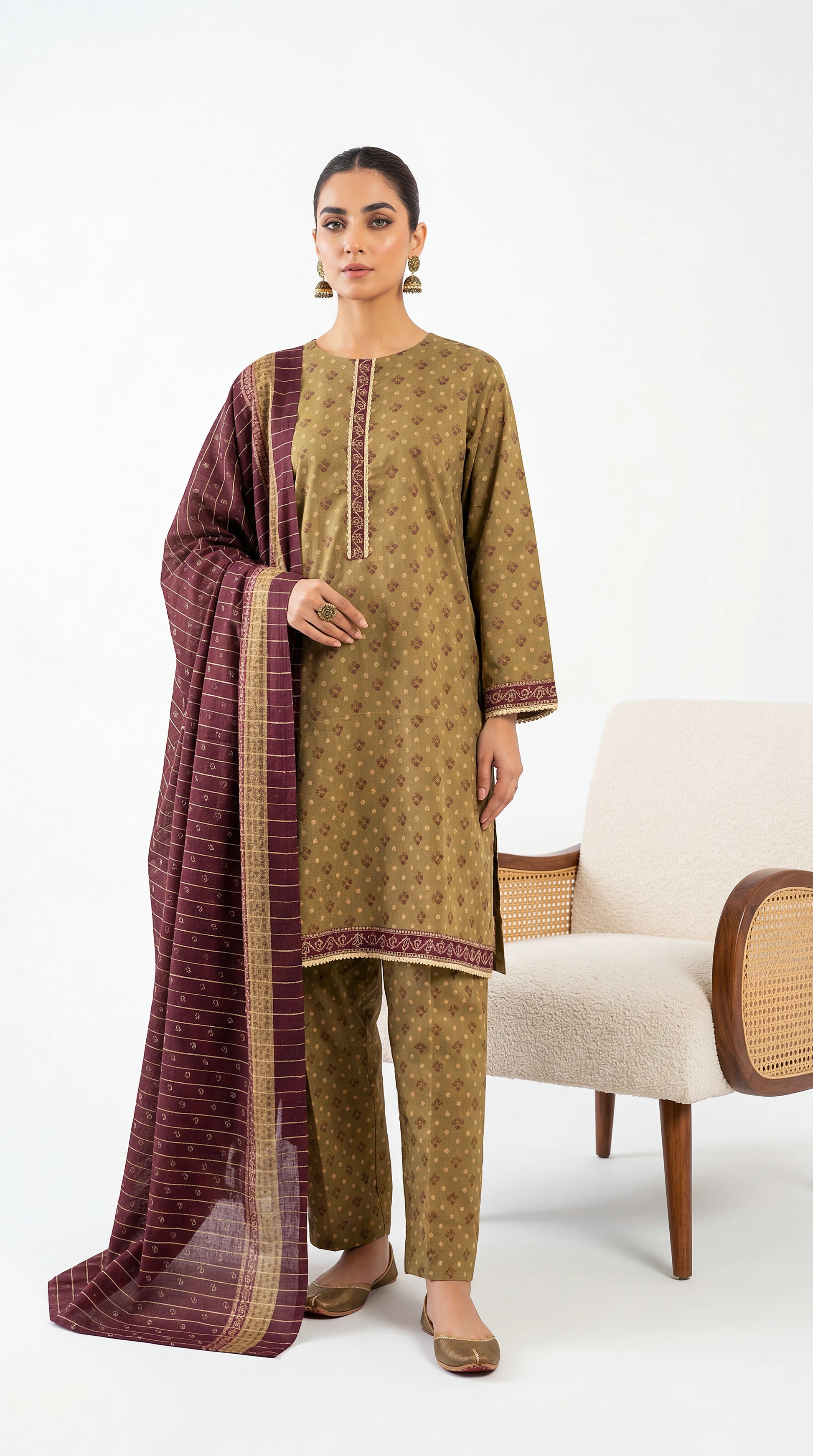 Ladies Printed Lawn Suit PE01188 Traditional Motif Print 3 Piece Mehandi / SML