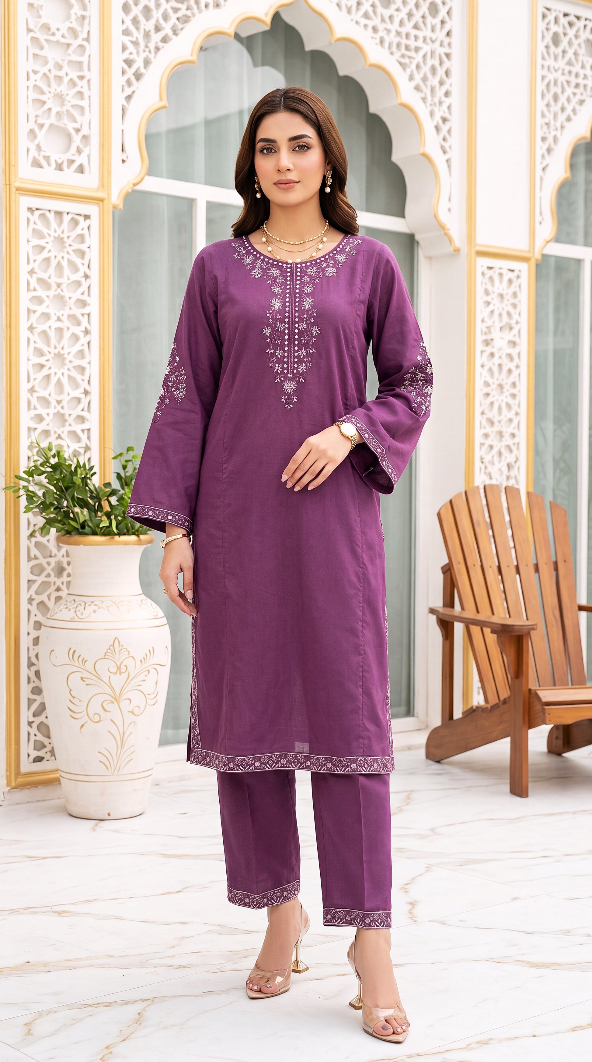 Olive Green Emb Trouser & Casual Chic Outfit 3 Piece Embroidered Suit - PE01190 PURPLE / SML