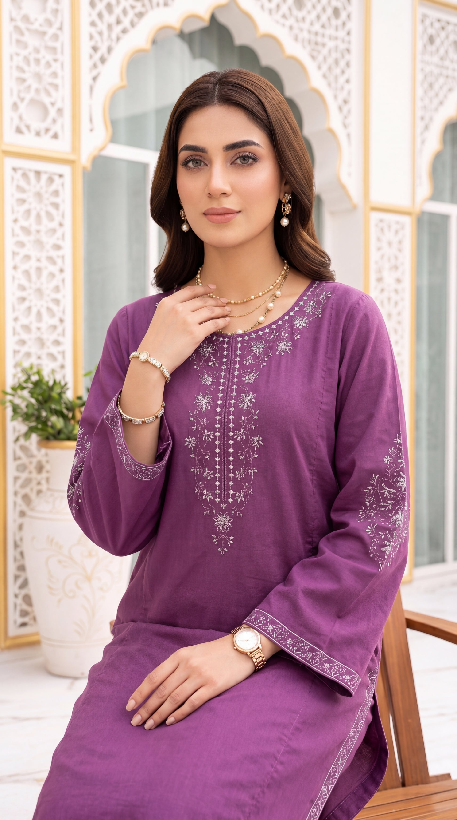 Olive Green Emb Trouser & Casual Chic Outfit 3 Piece Embroidered Suit - PE01190 PURPLE / SML