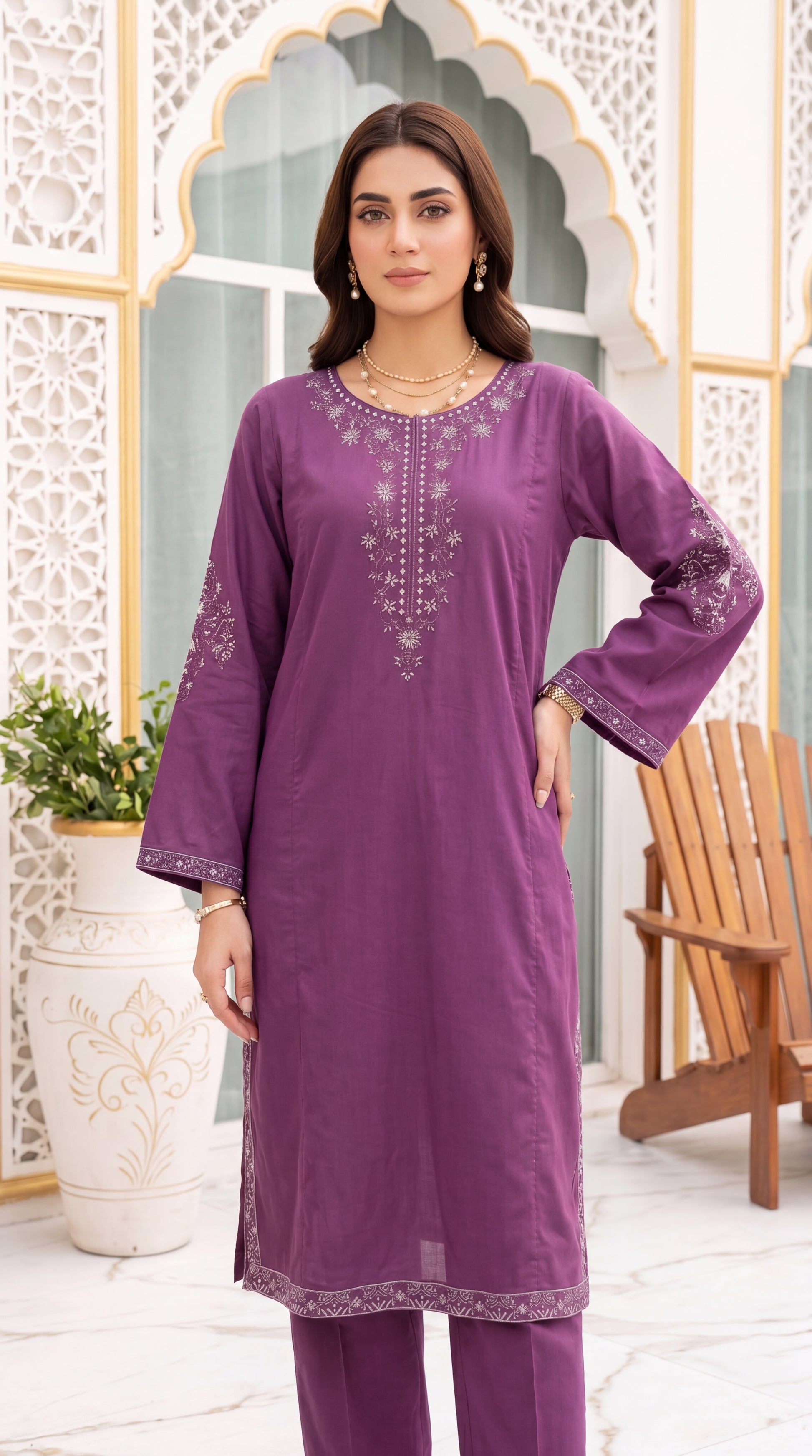 Olive Green Emb Trouser & Casual Chic Outfit 3 Piece Embroidered Suit - PE01190 PURPLE / SML