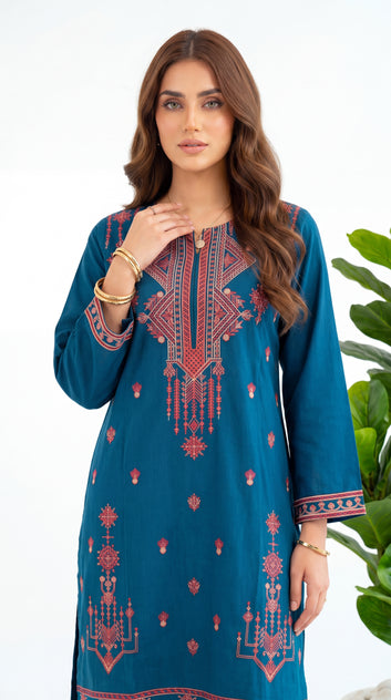 Women's Kurti Set PE01191 Tribal Embroidered Contrast Design 2 Piece ZINK / SML