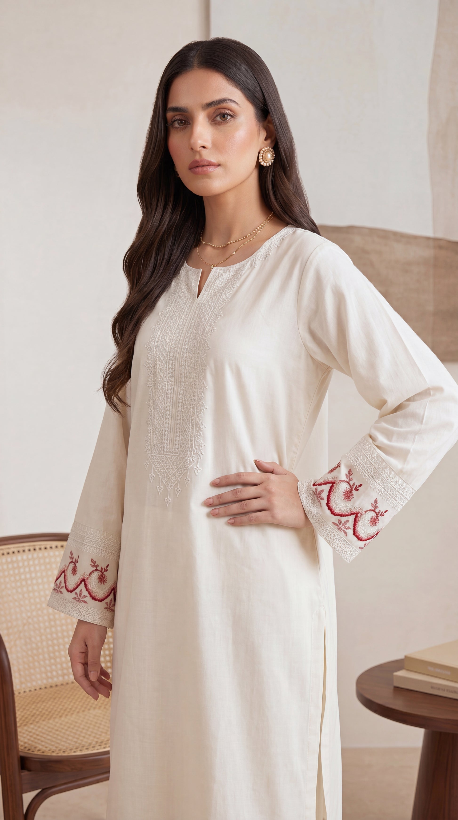 Women's Ivory Kurta Set PE01192 | Contrast Embroidered Cuffs & Hemline | 2 Piece | Cotton Slub CREAM / SML