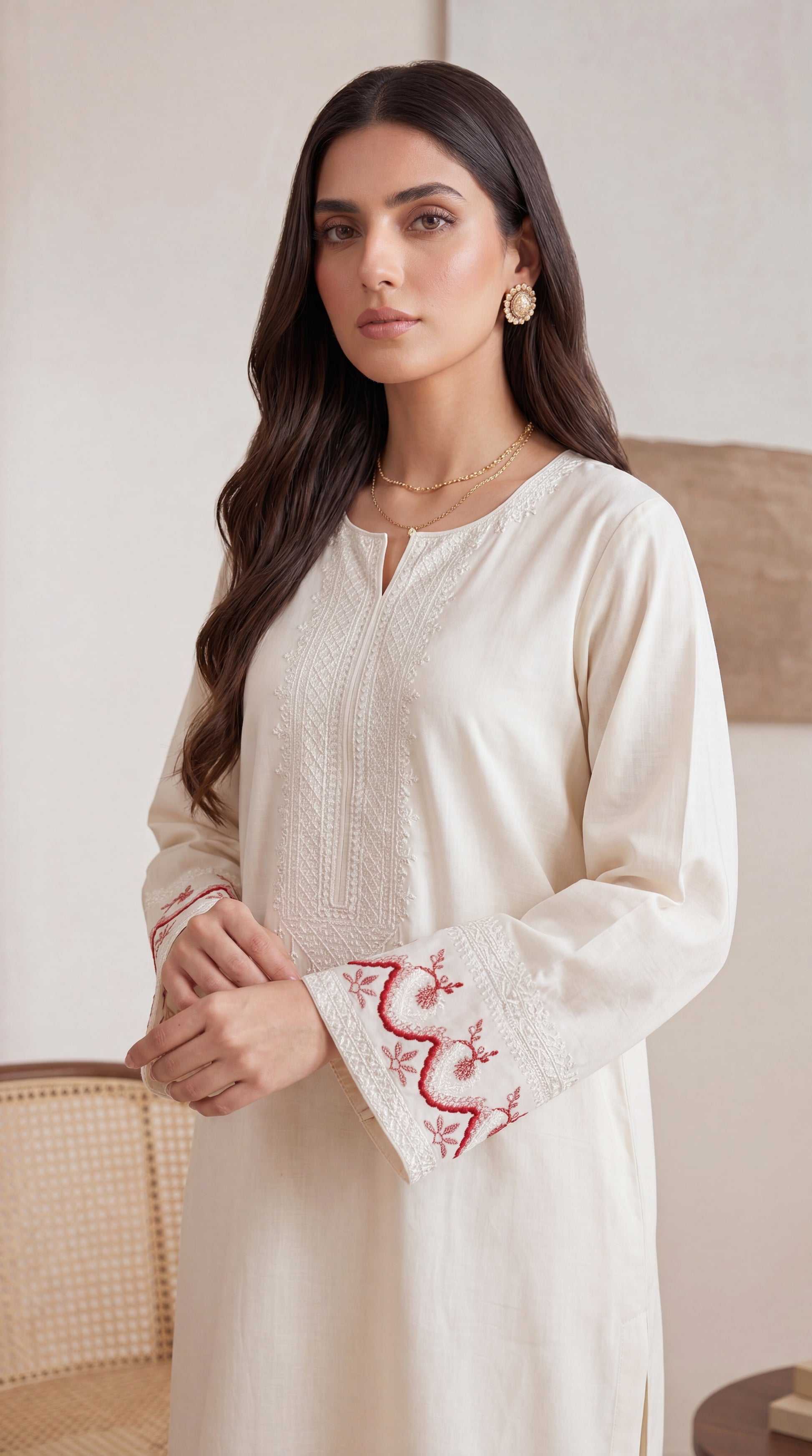 Women's Ivory Kurta Set PE01192 | Contrast Embroidered Cuffs & Hemline | 2 Piece | Cotton Slub CREAM / SML