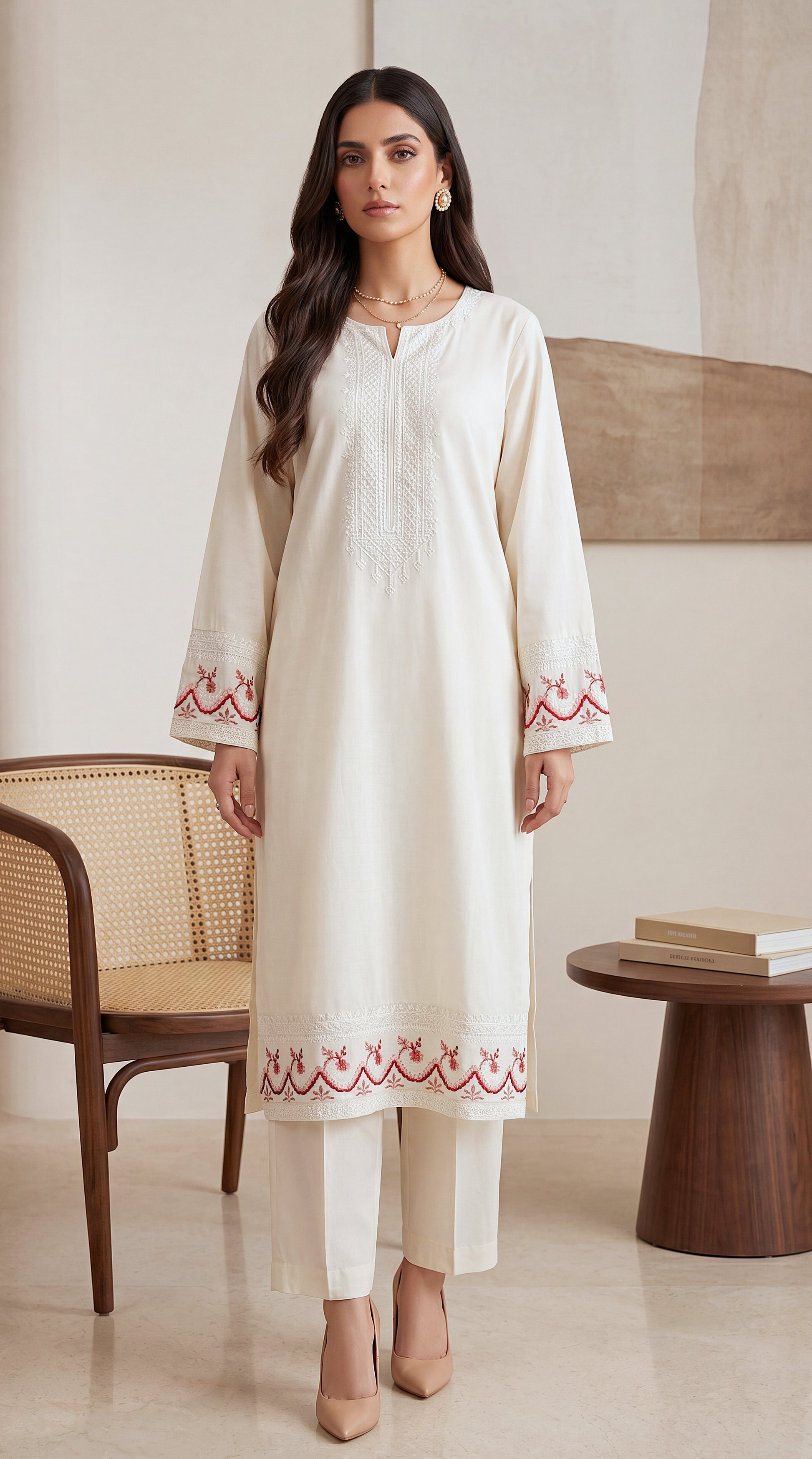 Women's Ivory Kurta Set PE01192 | Contrast Embroidered Cuffs & Hemline | 2 Piece | Cotton Slub CREAM / SML