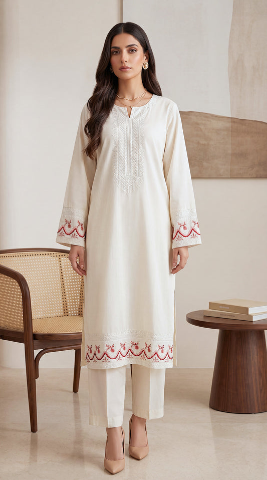 Women's Ivory Kurta Set PE01192 | Contrast Embroidered Cuffs & Hemline | 2 Piece | Cotton Slub CREAM / SML