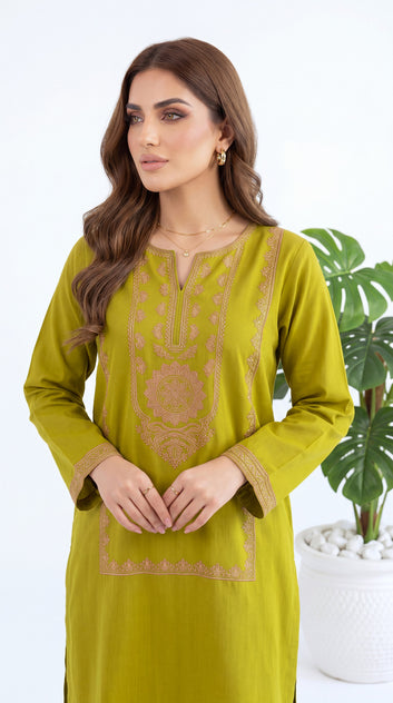 Women's Kurti Set PE01193 Floral Embroidered Panel Work 2 Piece Mehandi / SML