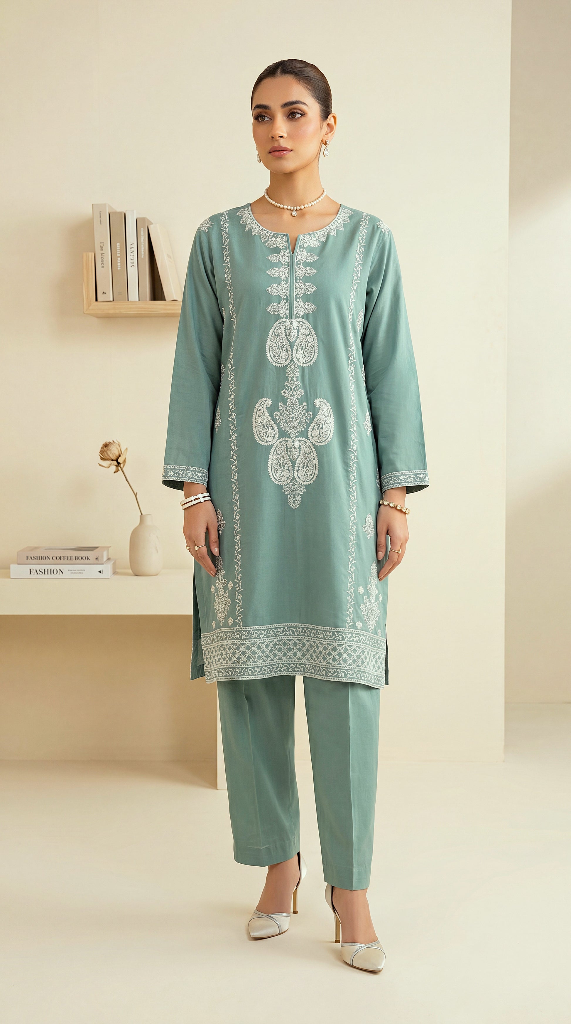 Women's Aqua Embroidered Suit PE01194 | Kashmiri Inspired Threadwork & Borders | 2 Piece | Cotton Lawn AQWA / SML