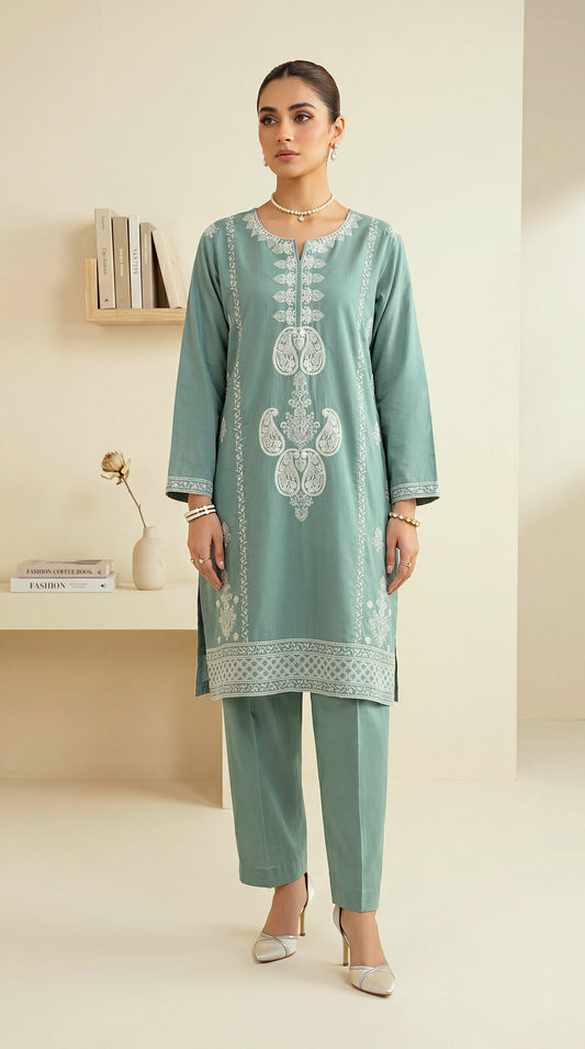 Women's Aqua Embroidered Suit PE01194 | Kashmiri Inspired Threadwork & Borders | 2 Piece | Cotton Lawn AQWA / SML