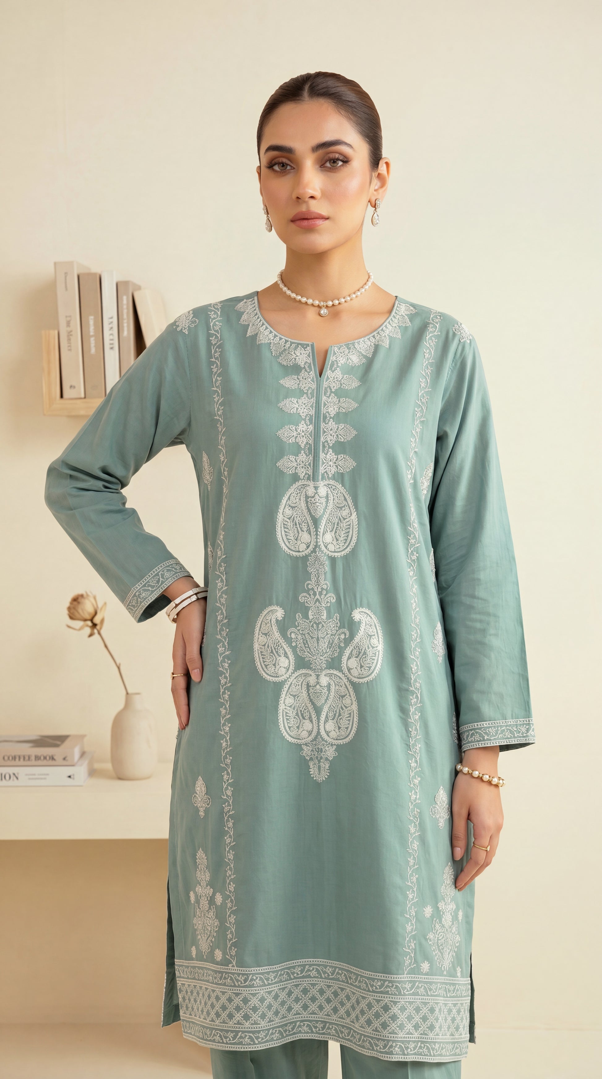 Women's Aqua Embroidered Suit PE01194 | Kashmiri Inspired Threadwork & Borders | 2 Piece | Cotton Lawn AQWA / SML