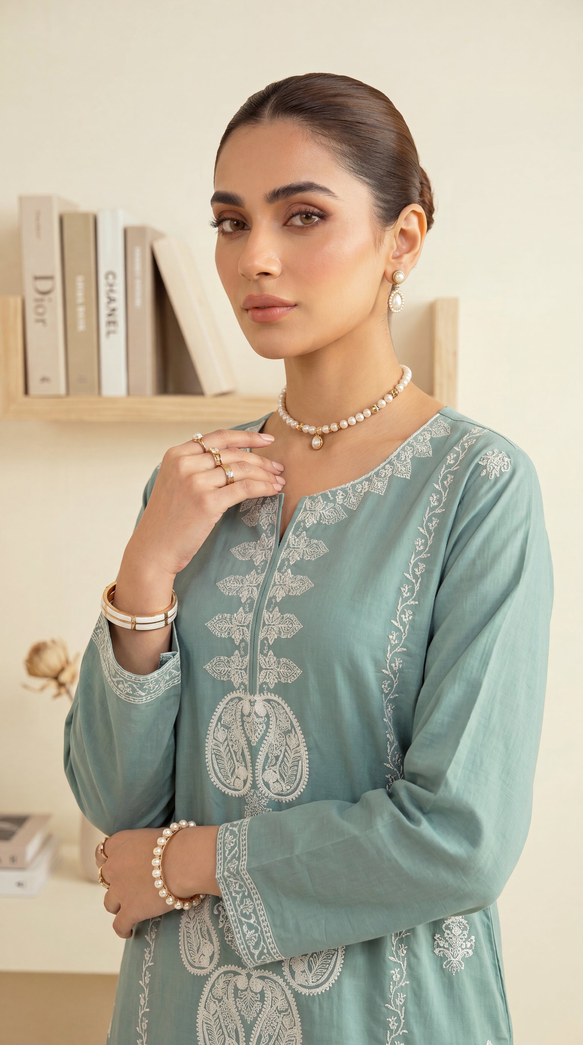 Women's Aqua Embroidered Suit PE01194 | Kashmiri Inspired Threadwork & Borders | 2 Piece | Cotton Lawn AQWA / SML