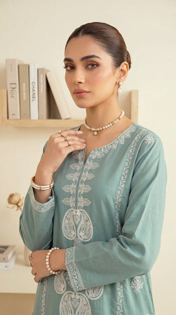 Women's Aqua Embroidered Suit PE01194 | Kashmiri Inspired Threadwork & Borders | 2 Piece | Cotton Lawn AQWA / SML