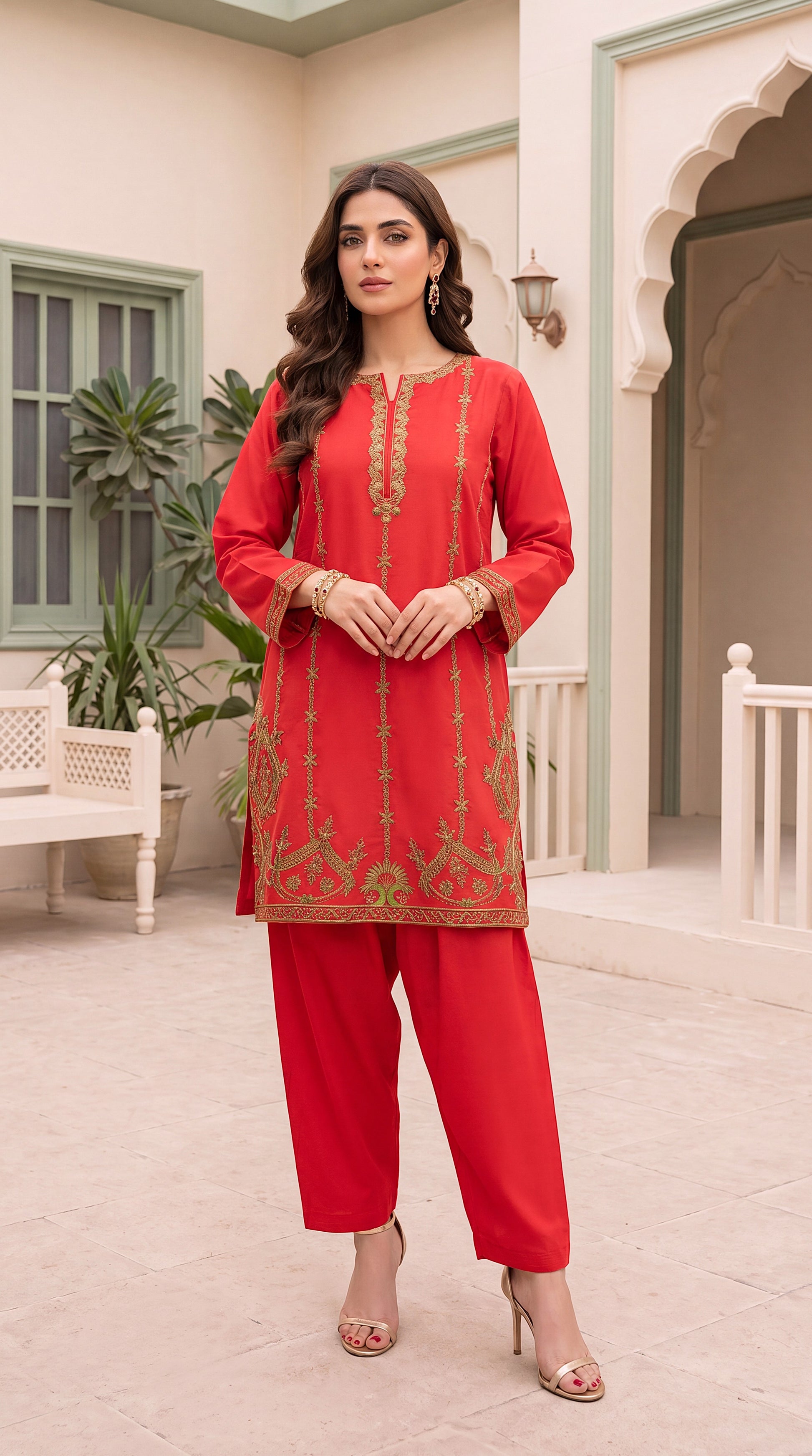 Women's Scarlet Red Kurta Set PE01195 | Gold Embroidery & Straight Fit | 2 Piece | Cotton Blend RED / SML