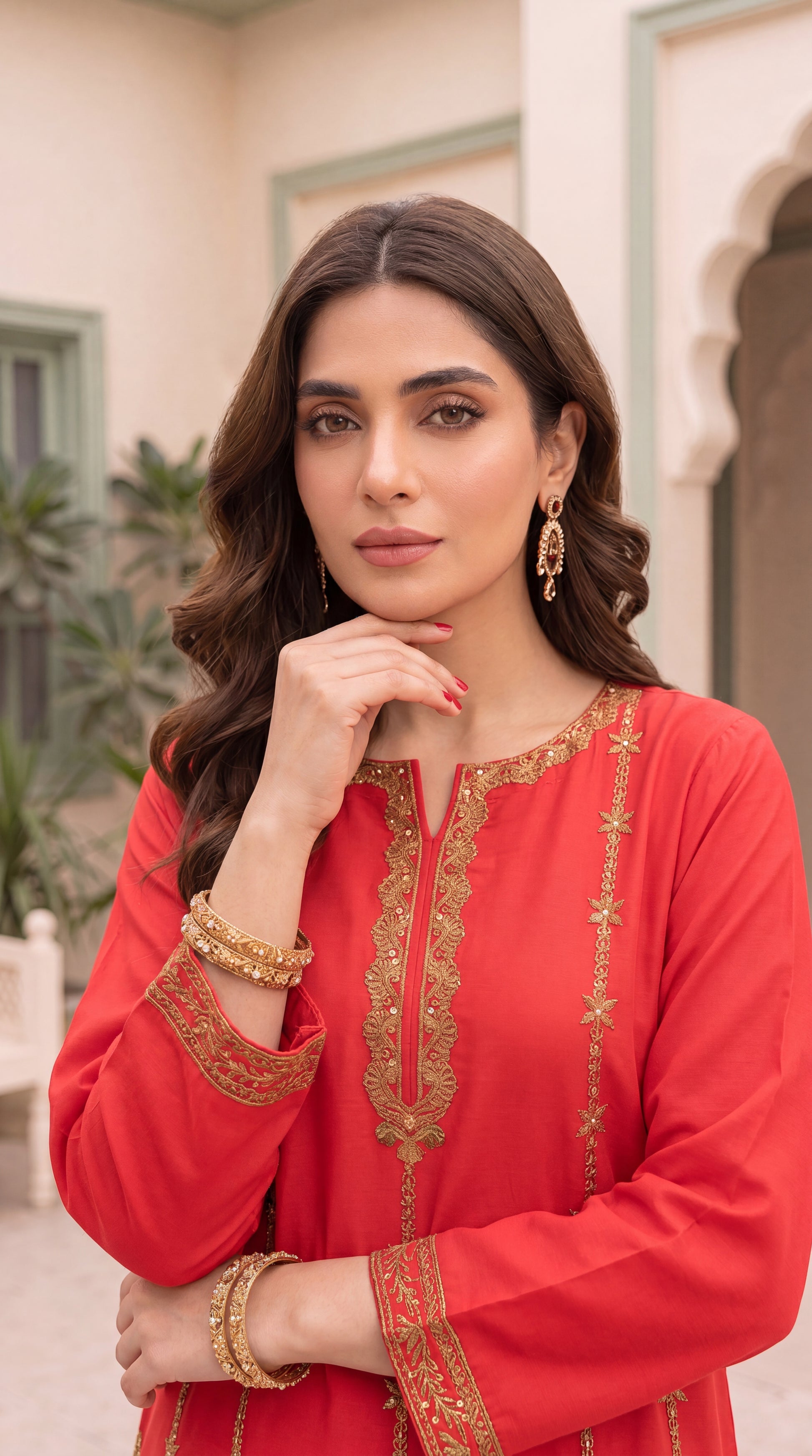 Women's Scarlet Red Kurta Set PE01195 | Gold Embroidery & Straight Fit | 2 Piece | Cotton Blend RED / SML