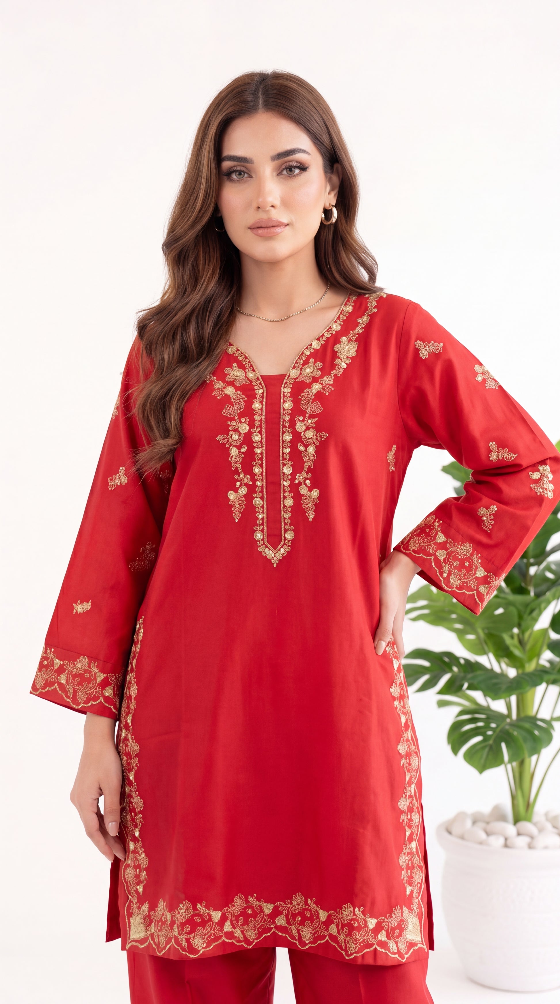 Women's Kurti Set PE01196 Classic Embroidered Neckline 2 Piece MEHROON / SML