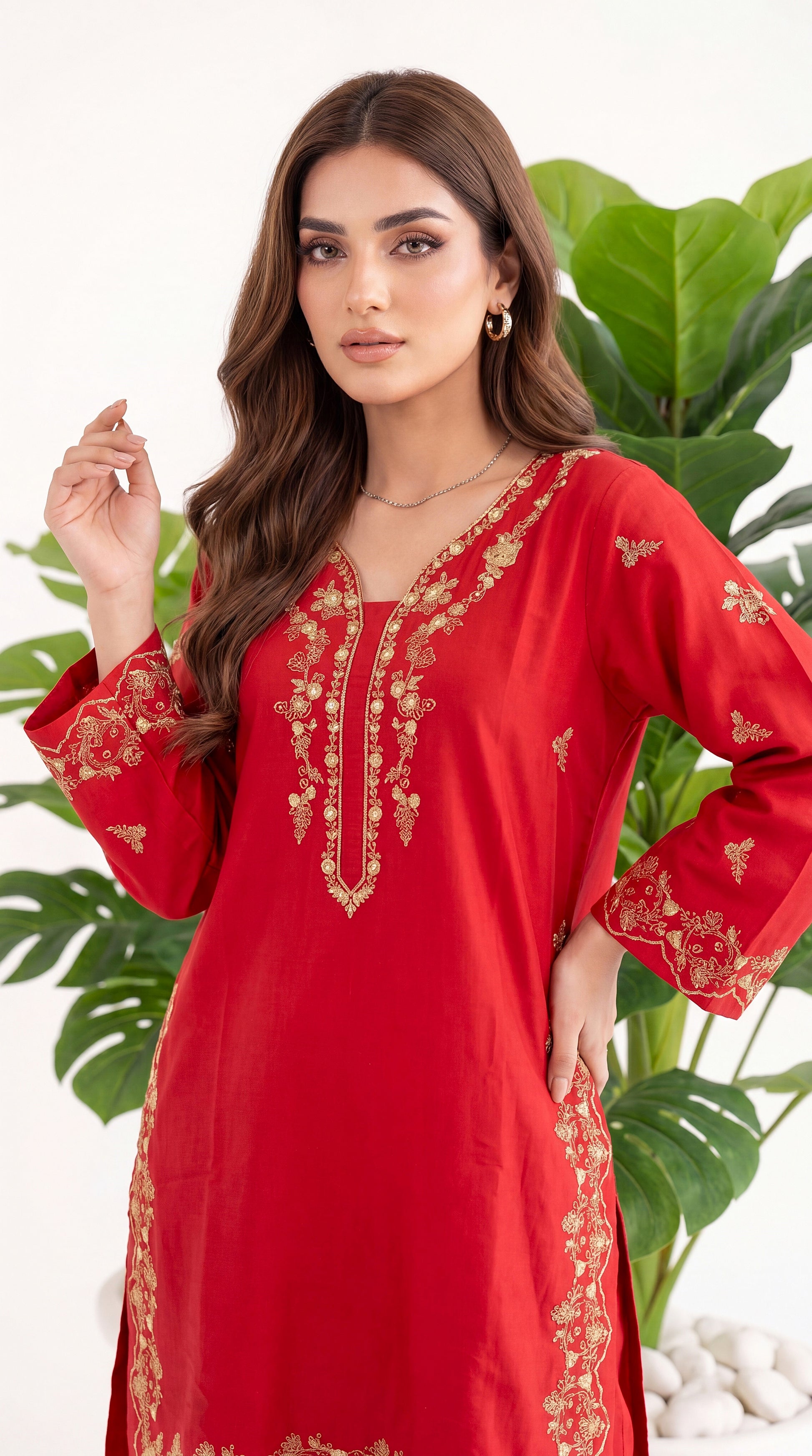 Women's Kurti Set PE01196 Classic Embroidered Neckline 2 Piece MEHROON / SML