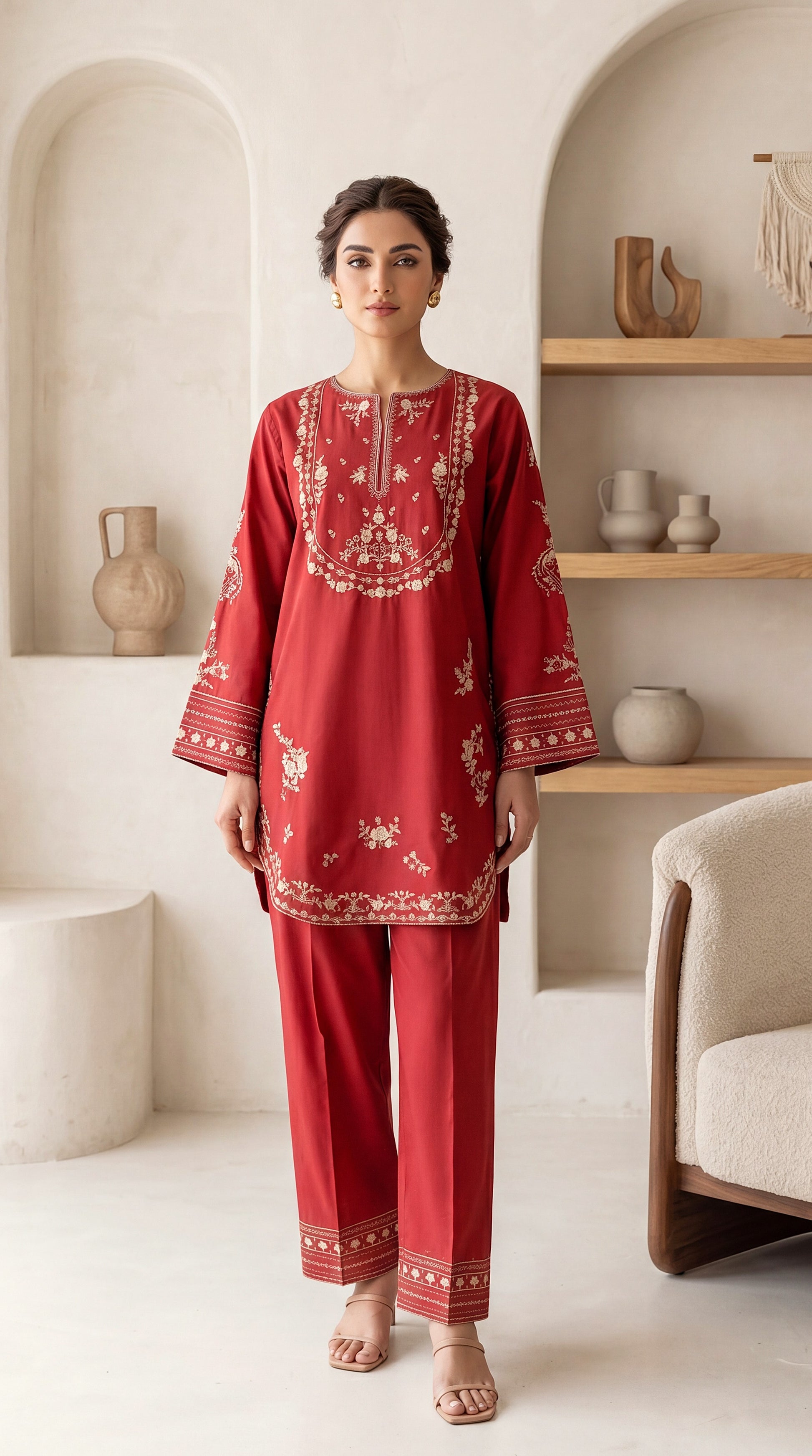 Ladies Embroidered Cotton Suit PE01197 Ethnic Threadwork 2 Piece MEHROON / SML
