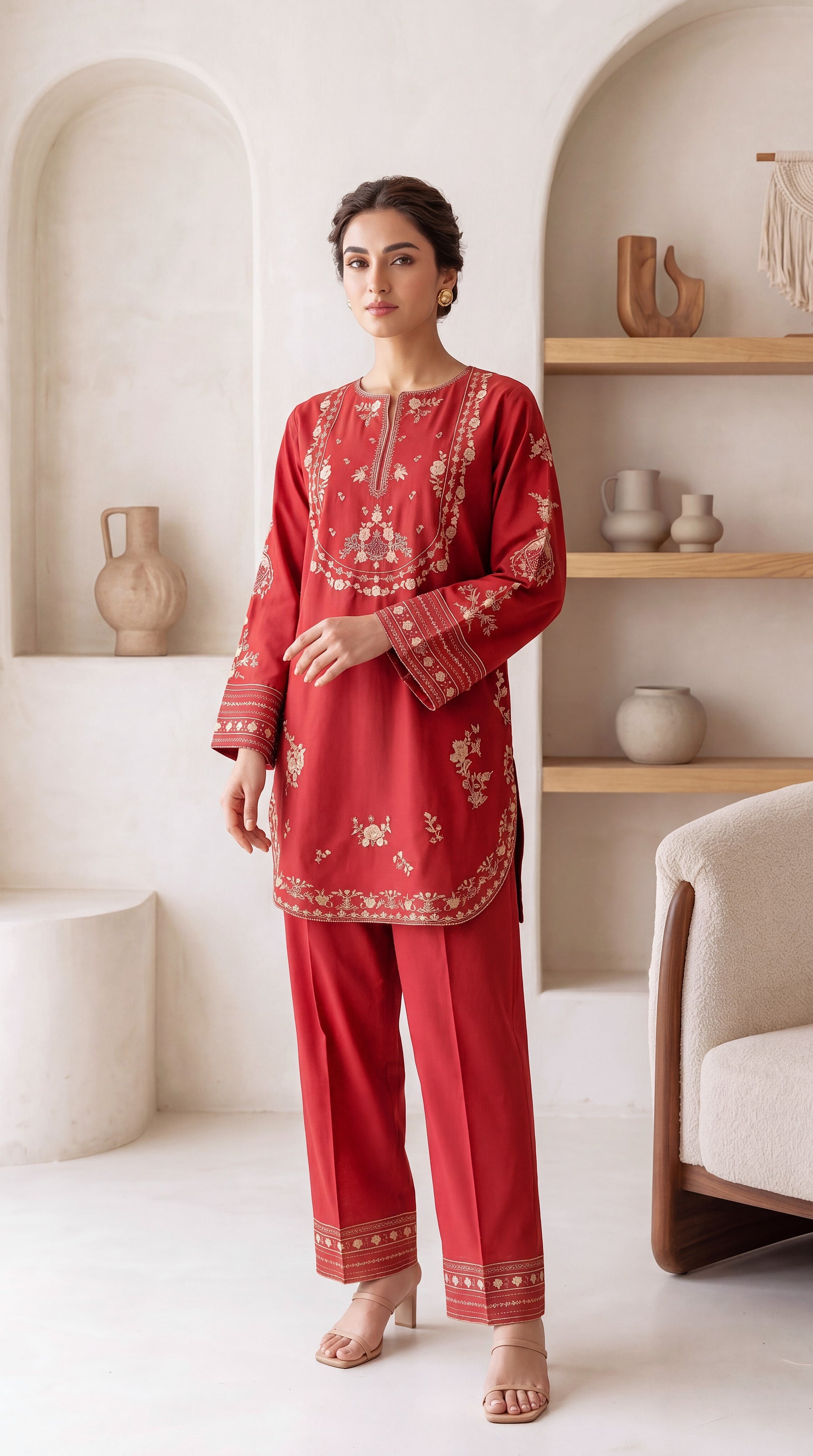 Ladies Embroidered Cotton Suit PE01197 Ethnic Threadwork 2 Piece MEHROON / SML
