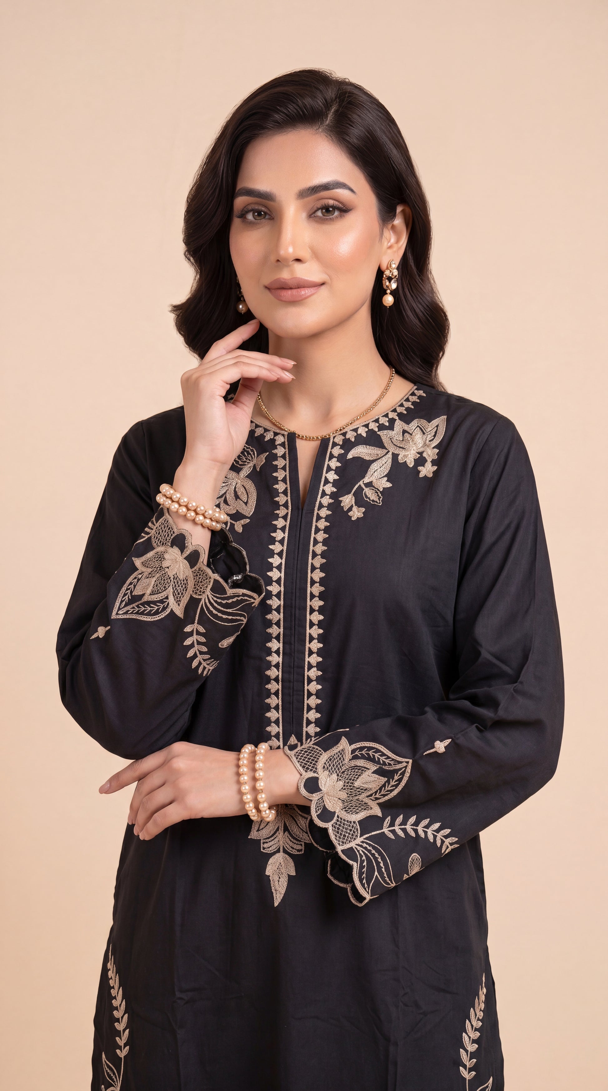 Women's Black Embroidered Suit PE01198 | Contrast Floral Border & Scallop Hem | 2 Piece | Premium Cotton BLACK / SML